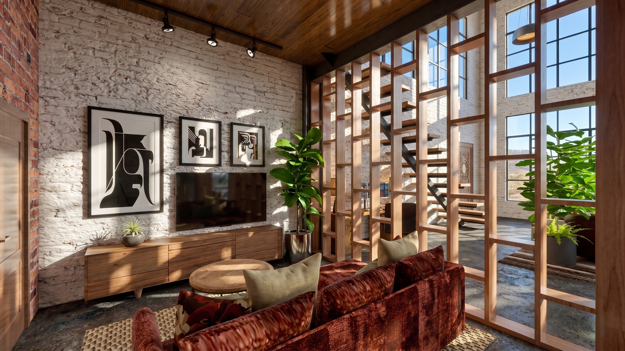 Interior of a modern living room with white brick walls, large windows, wooden ceiling, framed abstract black and white artwork, potted plants, velvet armchair, and a flat-screen TV.