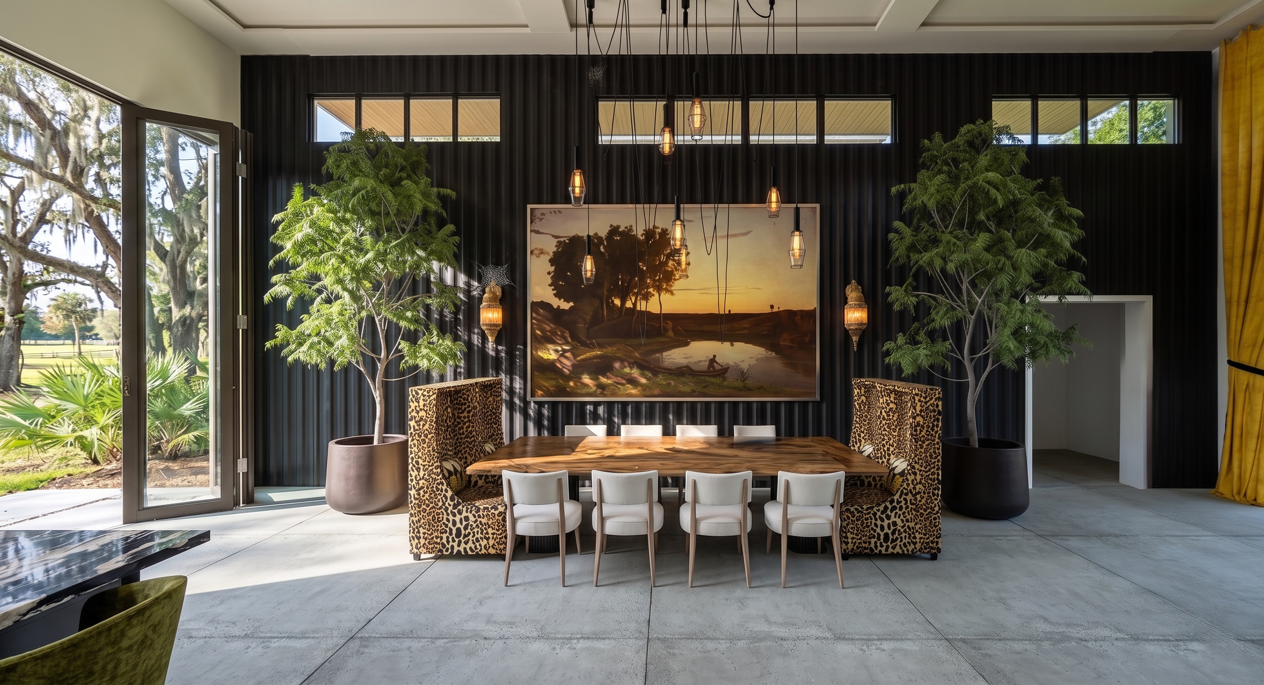 A modern dining room with two large potted trees flanking a large landscape painting on a black textured wall. There is a wooden dining table with white chairs, and a row of hanging Edison-style light bulbs above. Large windows and an open sliding do