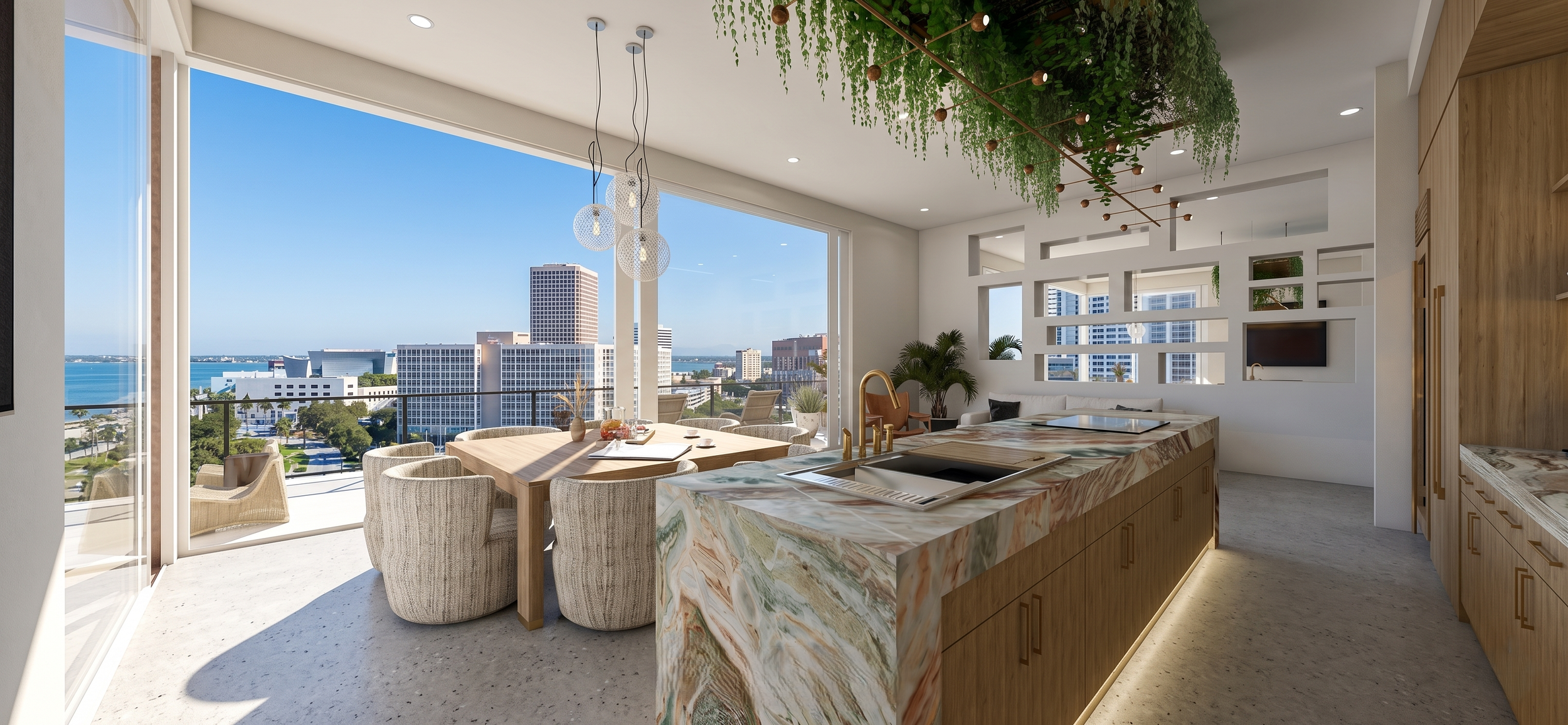 Modern kitchen and dining area with large windows overlooking city skyline and water, featuring a marble kitchen island, dining table with chairs, and greenery hanging from the ceiling.