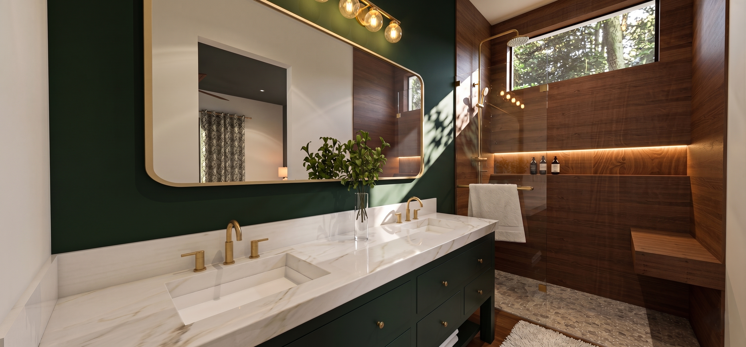 Modern bathroom with green wall, marble countertop with double sinks, gold fixtures, a large mirror, and a wood-paneled shower area with a large window showing trees outside.