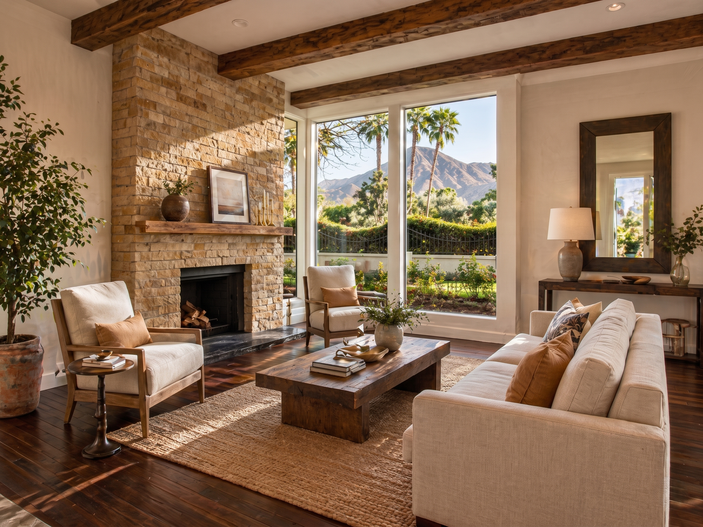 Living room with large windows showing mountains and palm trees outside, beige couches, wooden coffee table, stone fireplace with framed picture, candles, and decorative objects, wooden ceiling beams, area rug, and indoor plants.