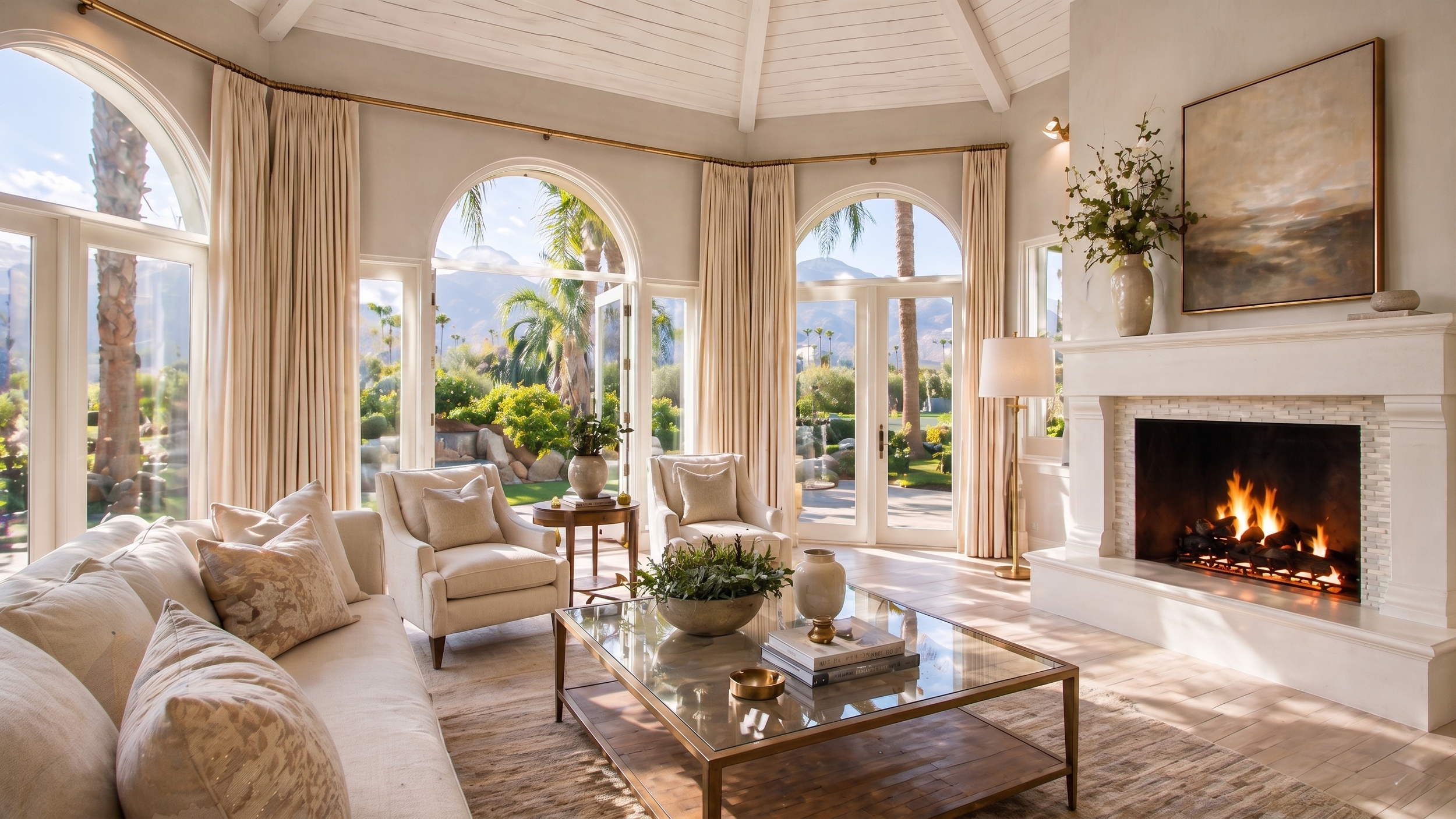 Bright living room with large arched windows showing a sunny outdoor view with palm trees, mountains, and blue sky. Contains a white sofa with beige and patterned pillows, a round side table with a plant, a fireplace with a fire burning, and a large 