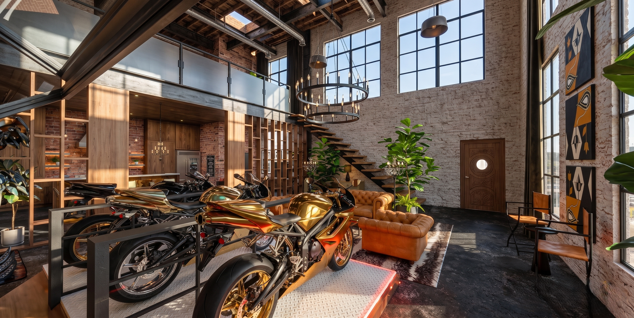 Industrial-style loft with large windows, brick walls, wooden accents, chandelier lighting, indoor plants, leather furniture, and a display of gold motorcycle sculptures.