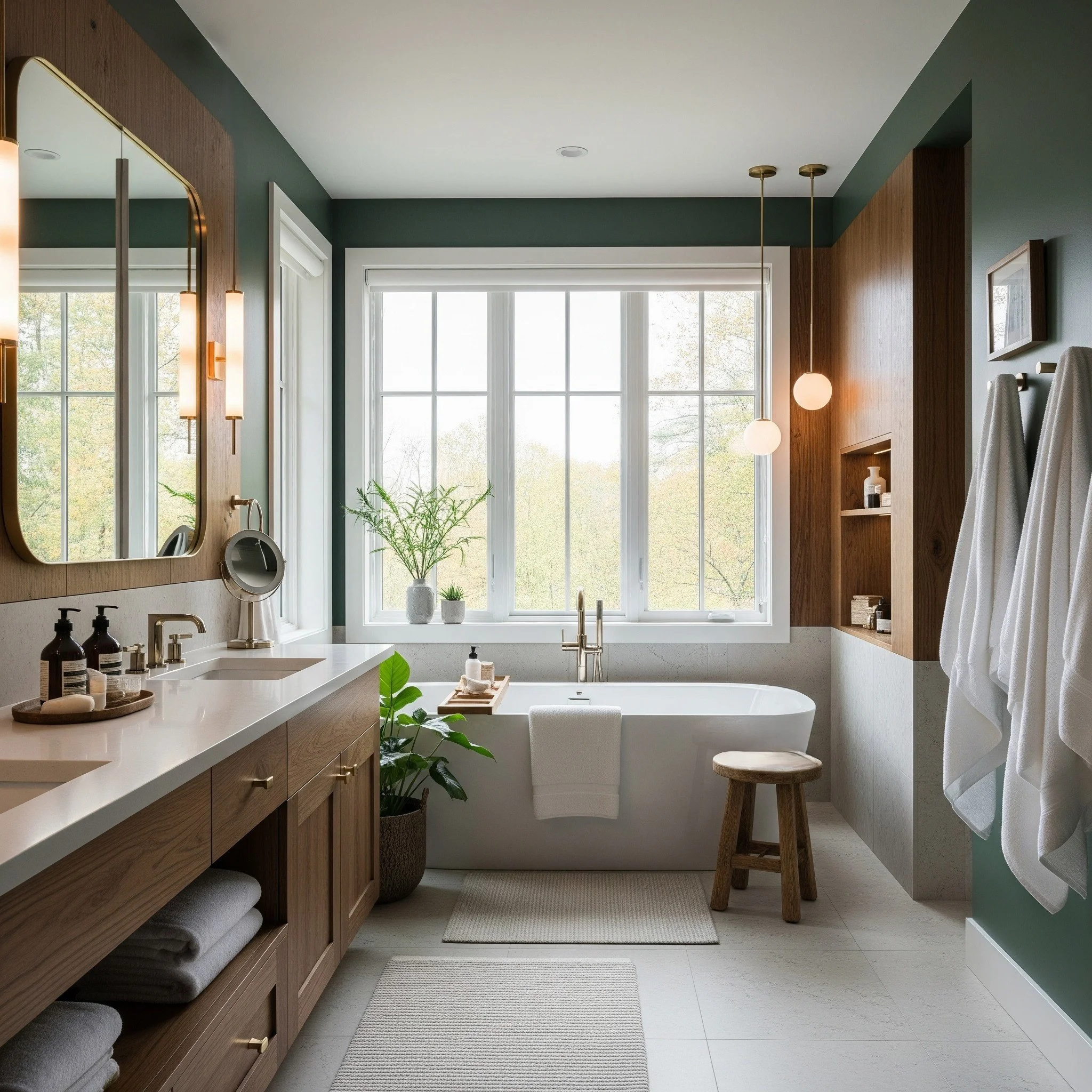 Modern bathroom with large window, bathtub, wooden vanity, white towels, indoor plants, and soft lighting.