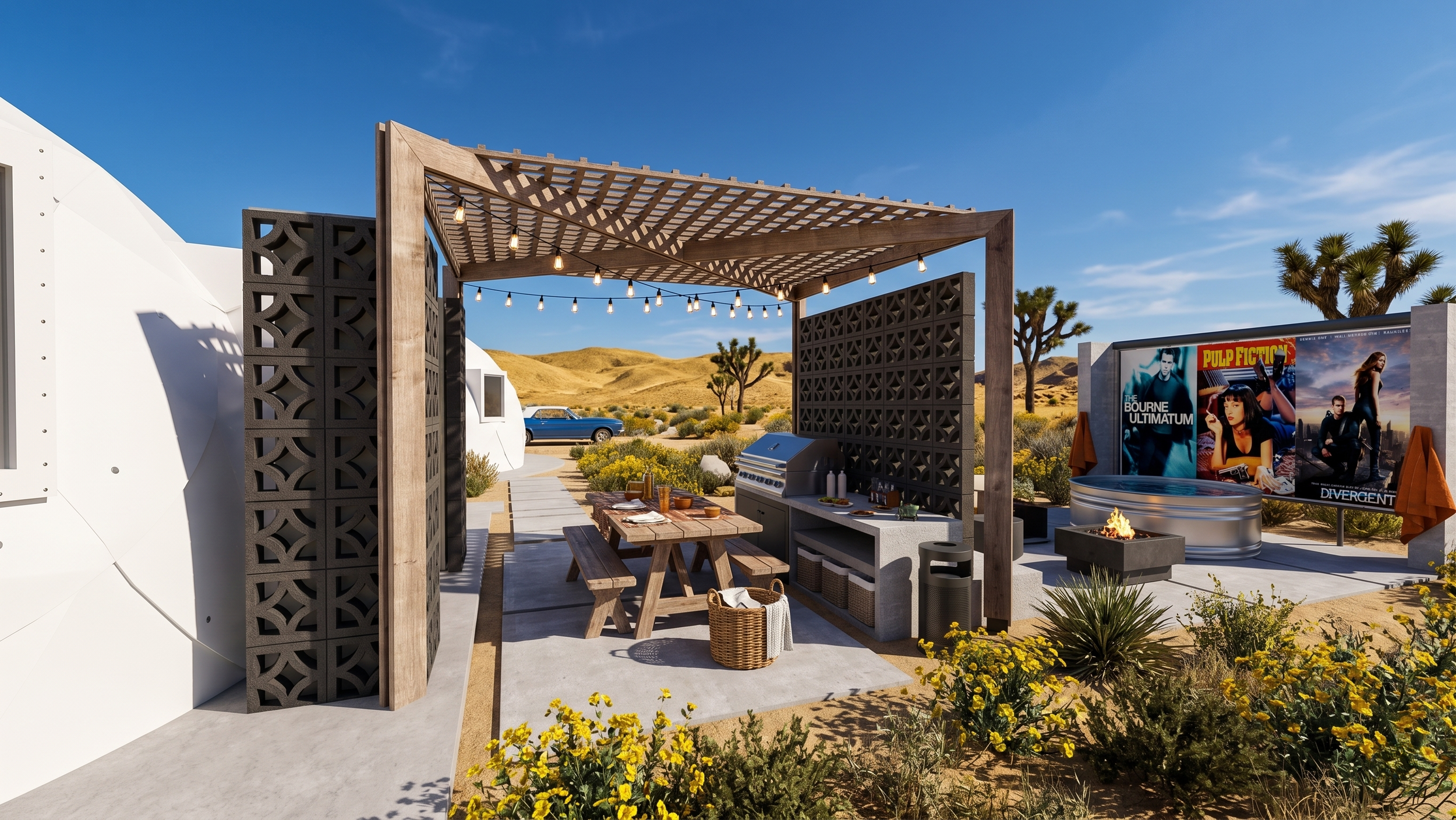 Outdoor movie viewing area in a desert landscape with a wooden pergola, string lights, a grill station, picnic table, and movie posters for 'The Bourne Ultimatum' and 'Divergent'.