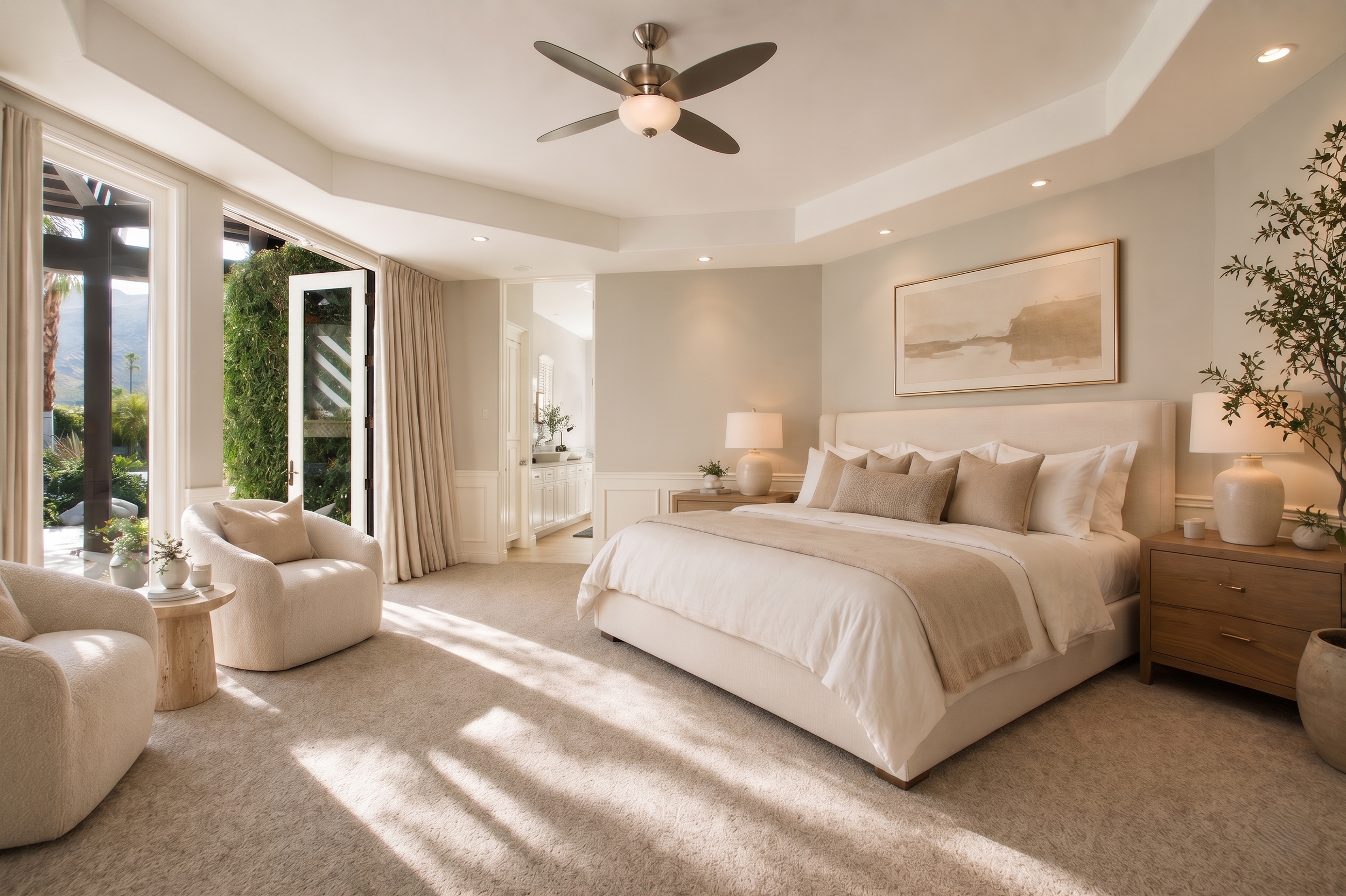 A bright bedroom with large windows, a ceiling fan, a bed with white and beige linens, a nightstand with table lamps, and a sitting area with cream-colored chairs near an open door to a garden with mountains in the background.