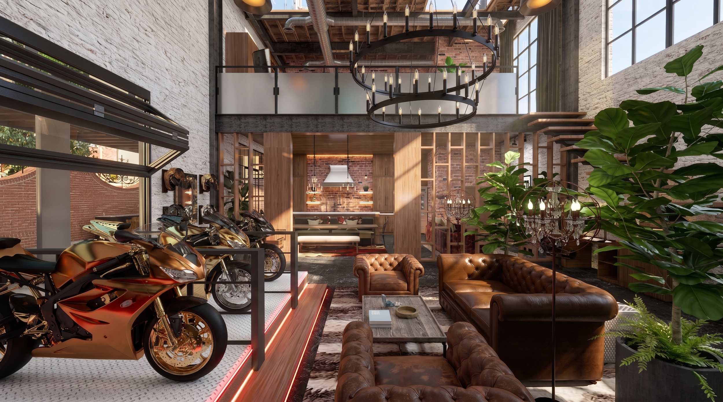 Interior of a loft-style building with exposed brick walls, large windows, modern lighting fixtures, wooden accents, leather furniture, and a motorcycle display area.