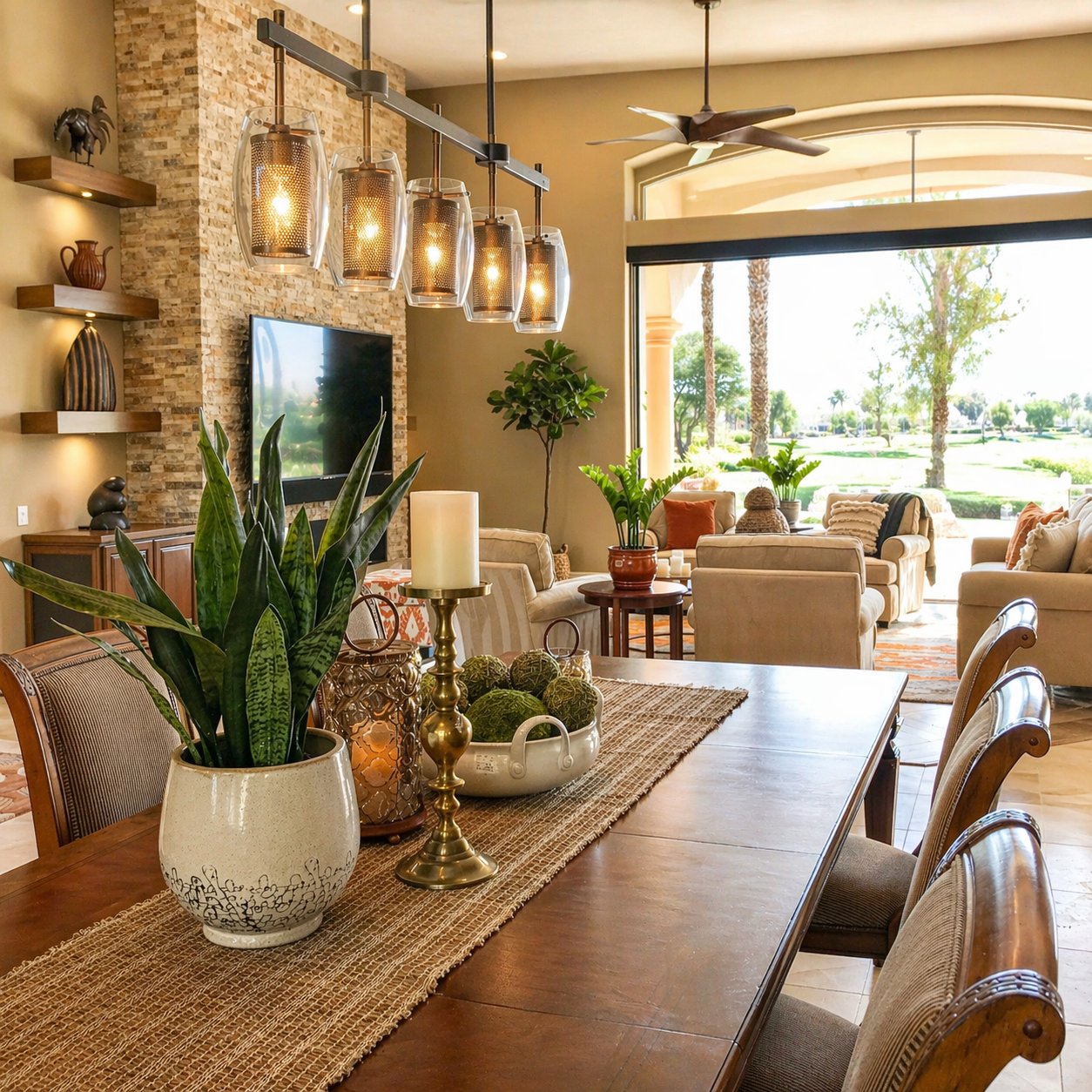 Dining room with a wooden table, potted plants, candles, and decorative items, connected to a bright living room with beige sofas and large windows overlooking a green outdoor landscape.