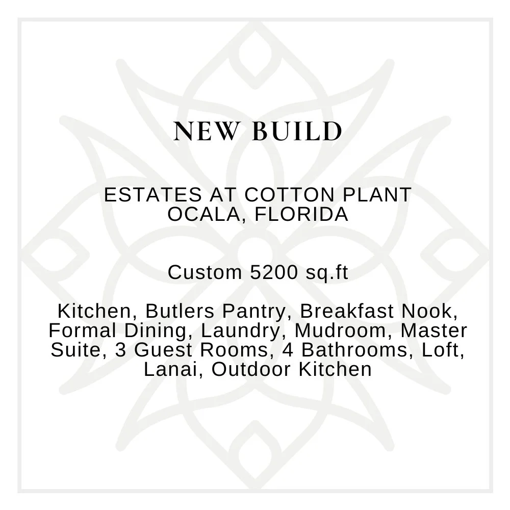 A promotional flyer for a new house build at Estates at Cotton Plant in Ocala, Florida. It highlights a 5200 sq.ft. custom home with features such as a kitchen, butler's pantry, breakfast nook, formal dining, laundry, mudroom, master suite, three gue