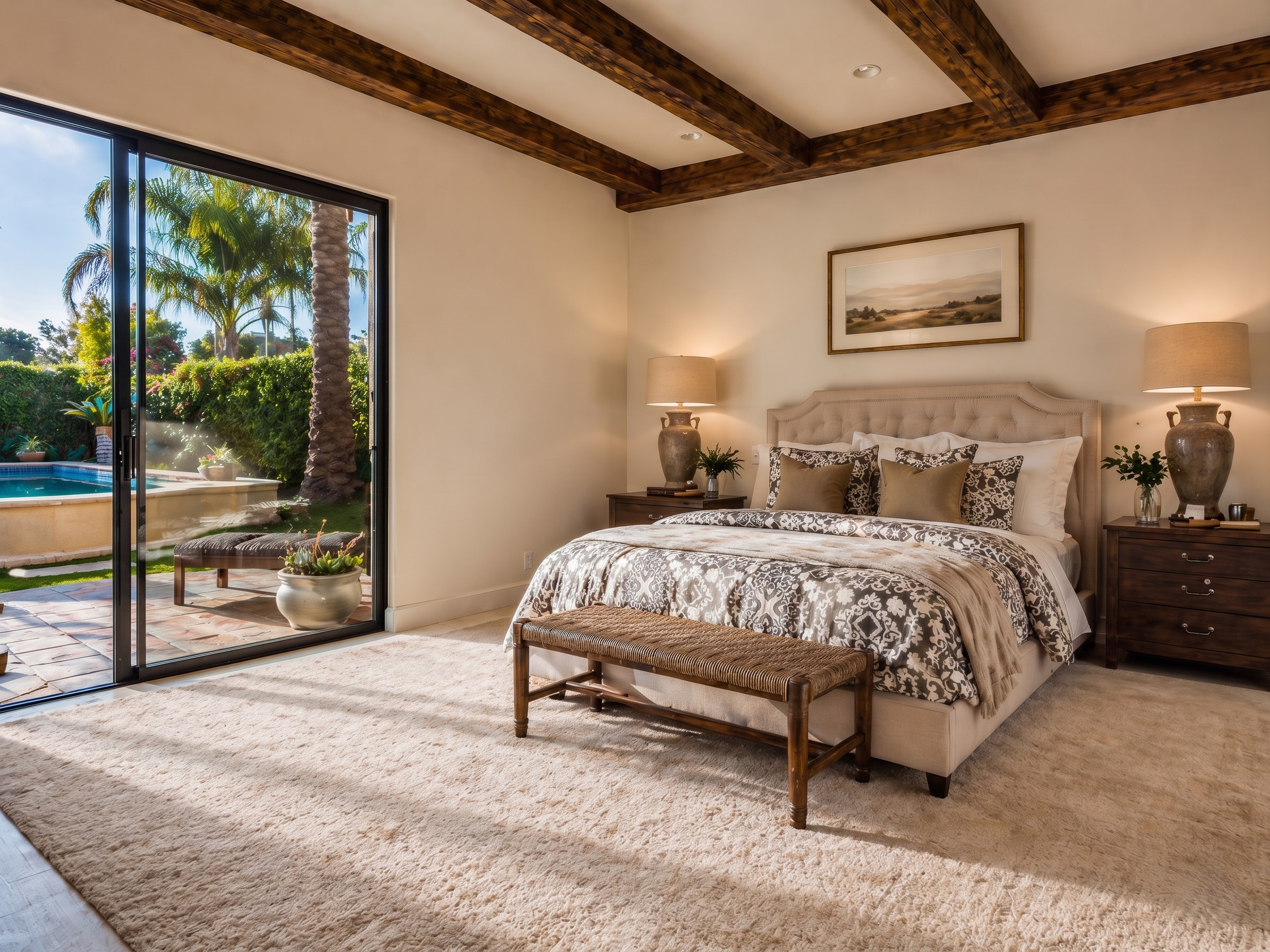 A bedroom with a large bed, beige headboard, multiple pillows, and a cream-colored blanket. On each side of the bed there are wooden nightstands with lamps, and a framed landscape picture hangs on the wall above the headboard. A sliding glass door on