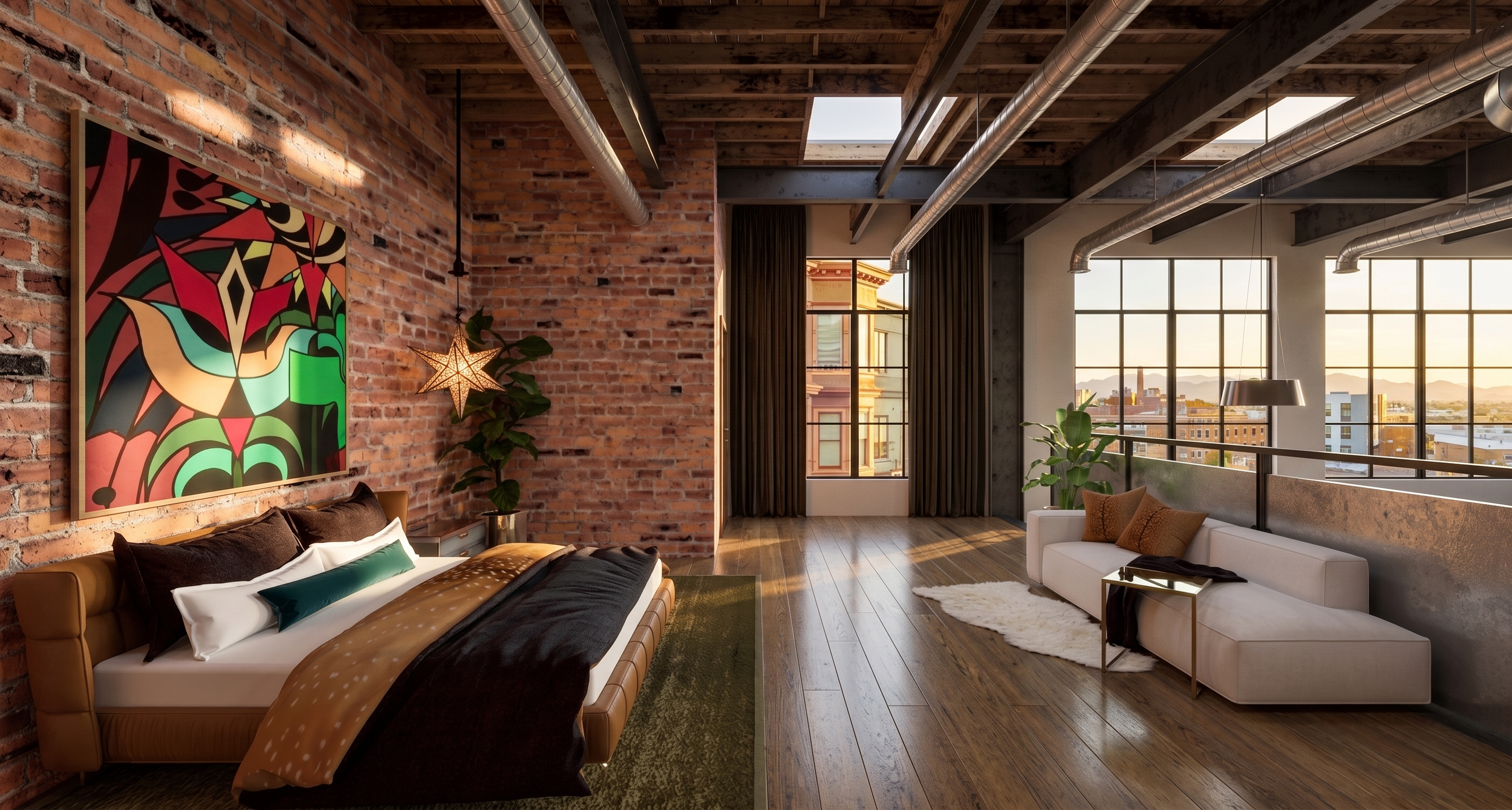 Modern loft apartment living room with exposed brick walls, large windows, hardwood floors, and contemporary furniture, including a bed, a white sofa, and decorative plants.