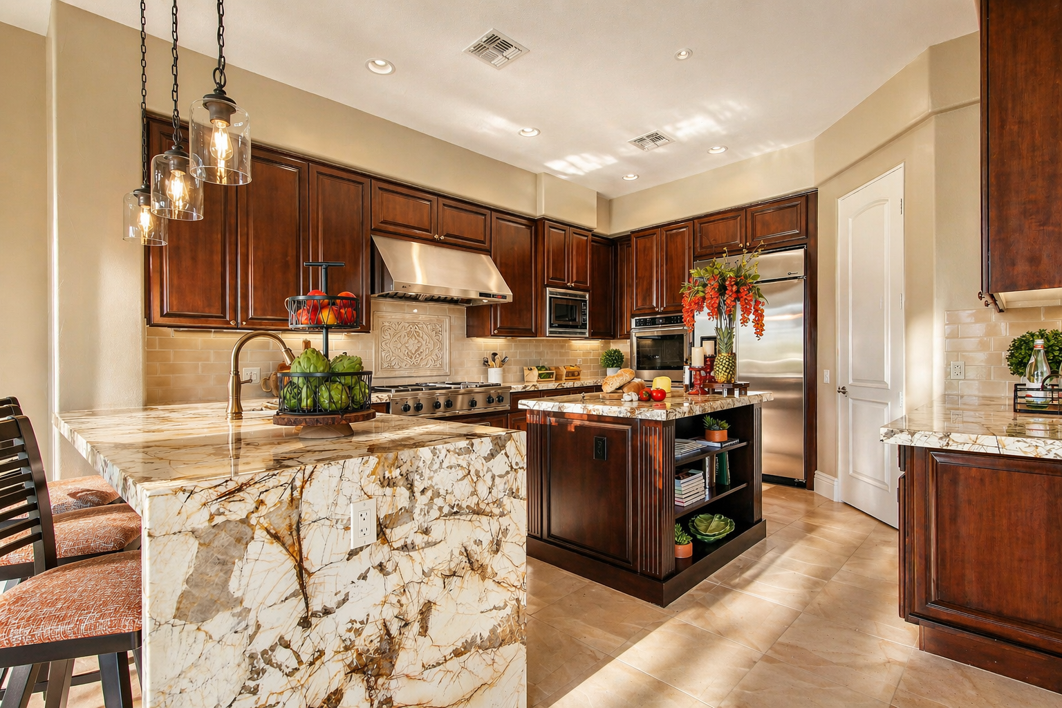 Kitchen with dark wood cabinets, stainless steel appliances including a refrigerator, microwave, and oven, granite countertops, a beige tile backsplash, and a marble island with a built-in electrical outlet. There are decorative flowers on the counte