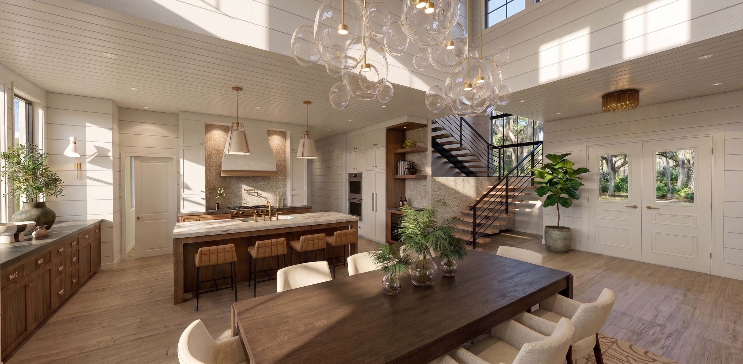 Open-concept kitchen and dining area with large windows, modern chandelier, wooden accents, and indoor plants.