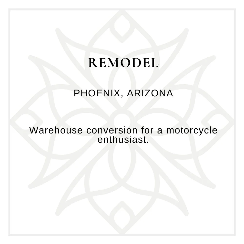 Sign for REMODEL in Phoenix, Arizona, advertising a warehouse conversion for motorcycle enthusiasts.