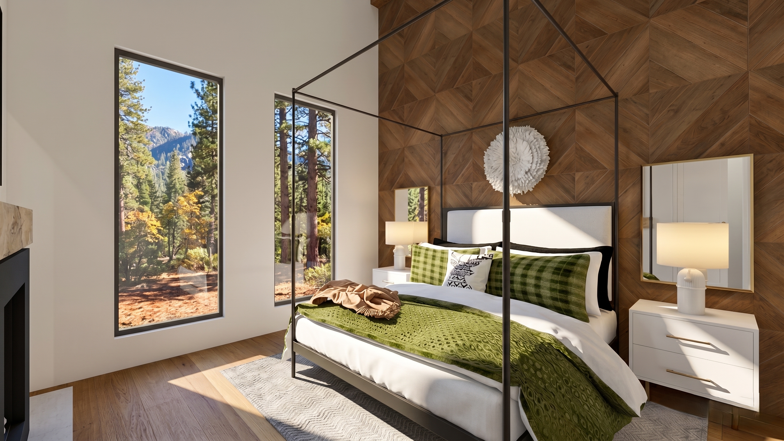 A modern bedroom with large windows showing a wooded mountain landscape, a white bed with green bedding, and wooden wall decor.
