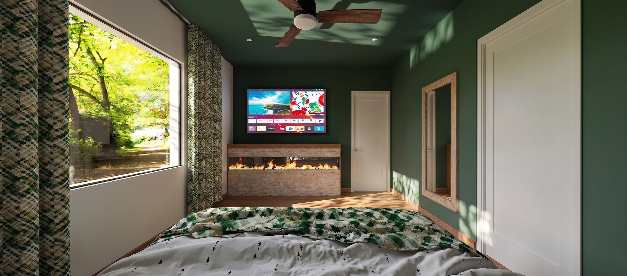 A bedroom with a large window showing a green outdoor scene, dark green walls, a ceiling fan, a wall-mounted TV displaying colorful images, a modern fireplace, and a mirror on the wall.