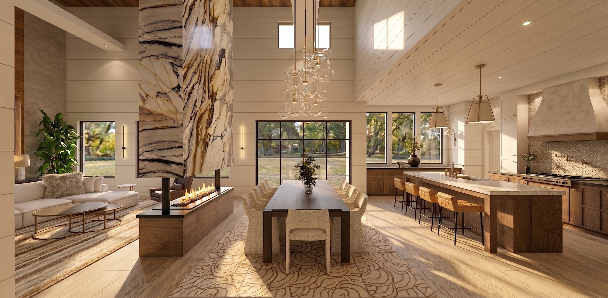 Open-concept living room and kitchen with wood accents, large windows, a chandelier, and a fireplace.