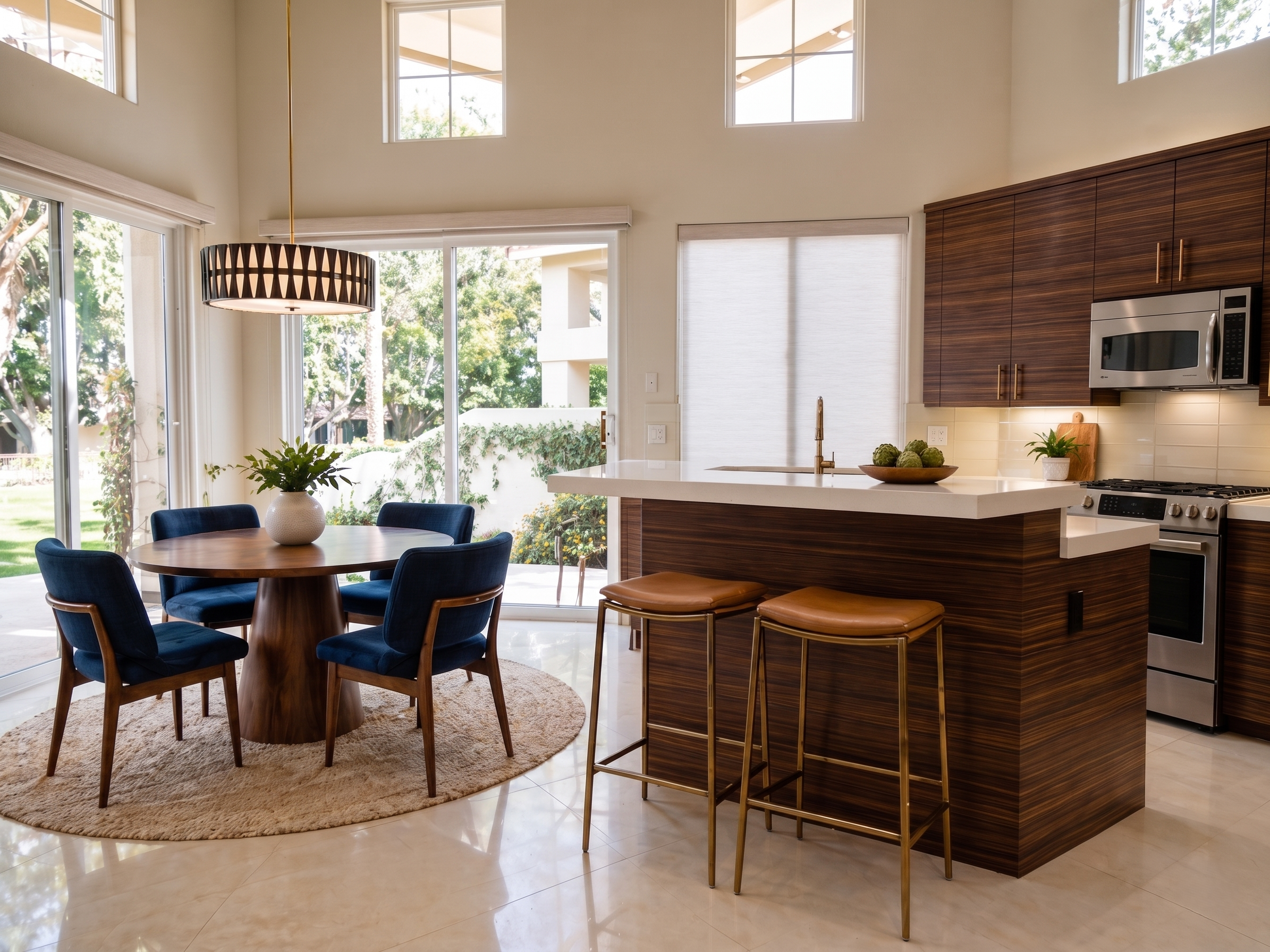 Modern kitchen with high ceilings, large windows, wooden cabinets, a white countertop with a sink, a built-in microwave, a kitchen stove, and a dining area with a round wooden table, blue chairs, and potted plants.