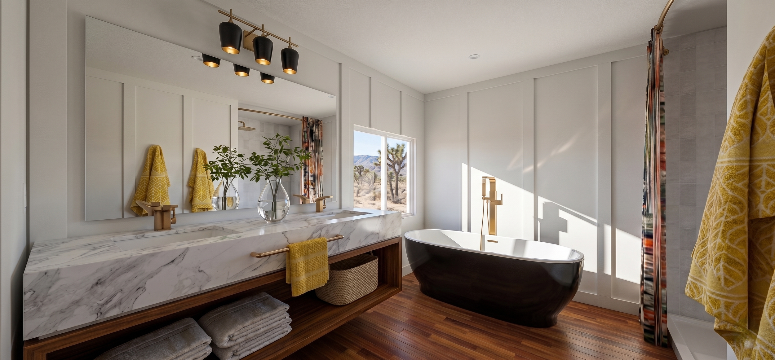 Modern bathroom with a freestanding black bathtub, a marble vanity with two sinks, yellow towels, a large mirror, and a window showing desert landscape with Joshua trees.