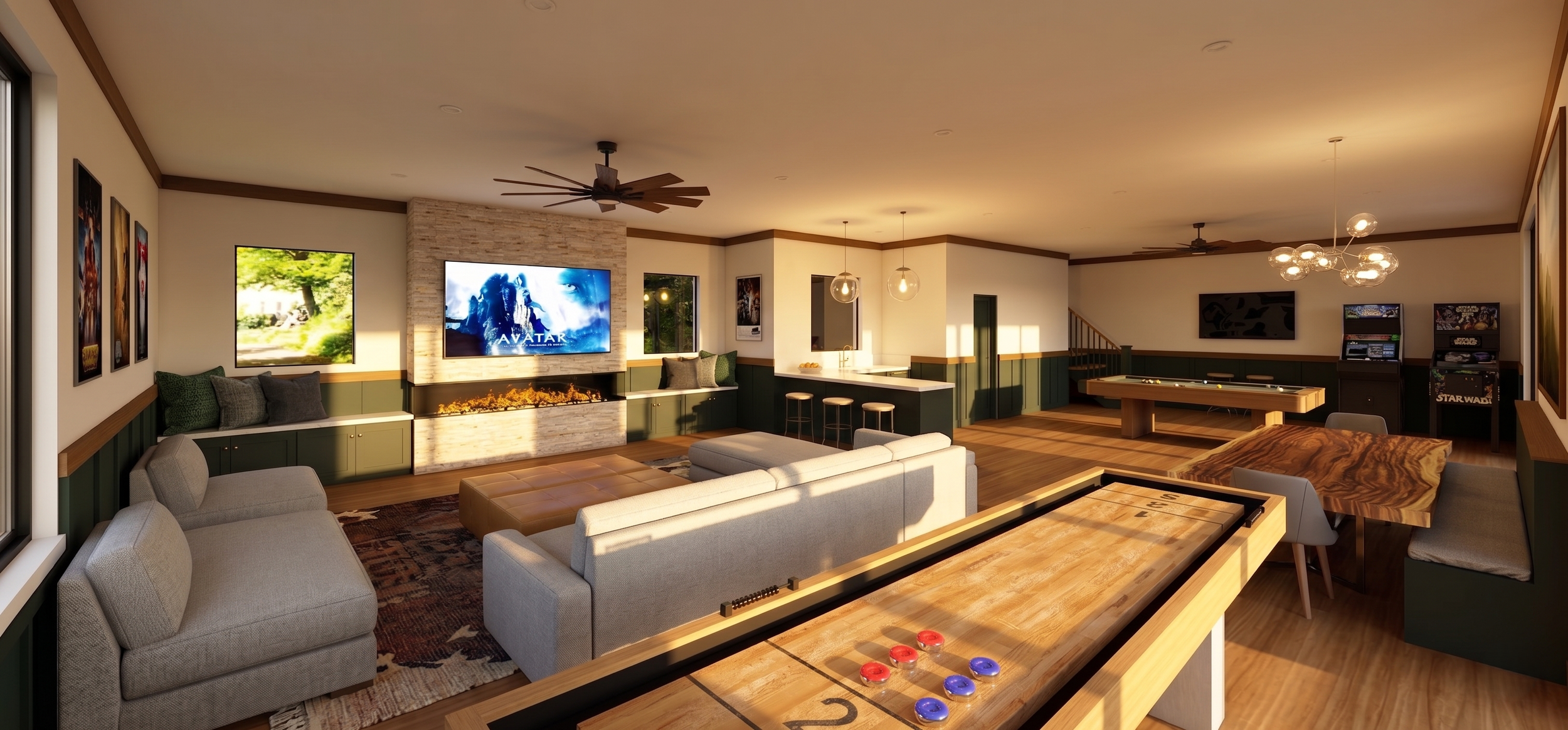 A spacious basement game room with multiple seating areas, a large TV on a stone fireplace, arcade machines, a pool table, and a shuffleboard table, decorated with framed movie posters and modern lighting.
