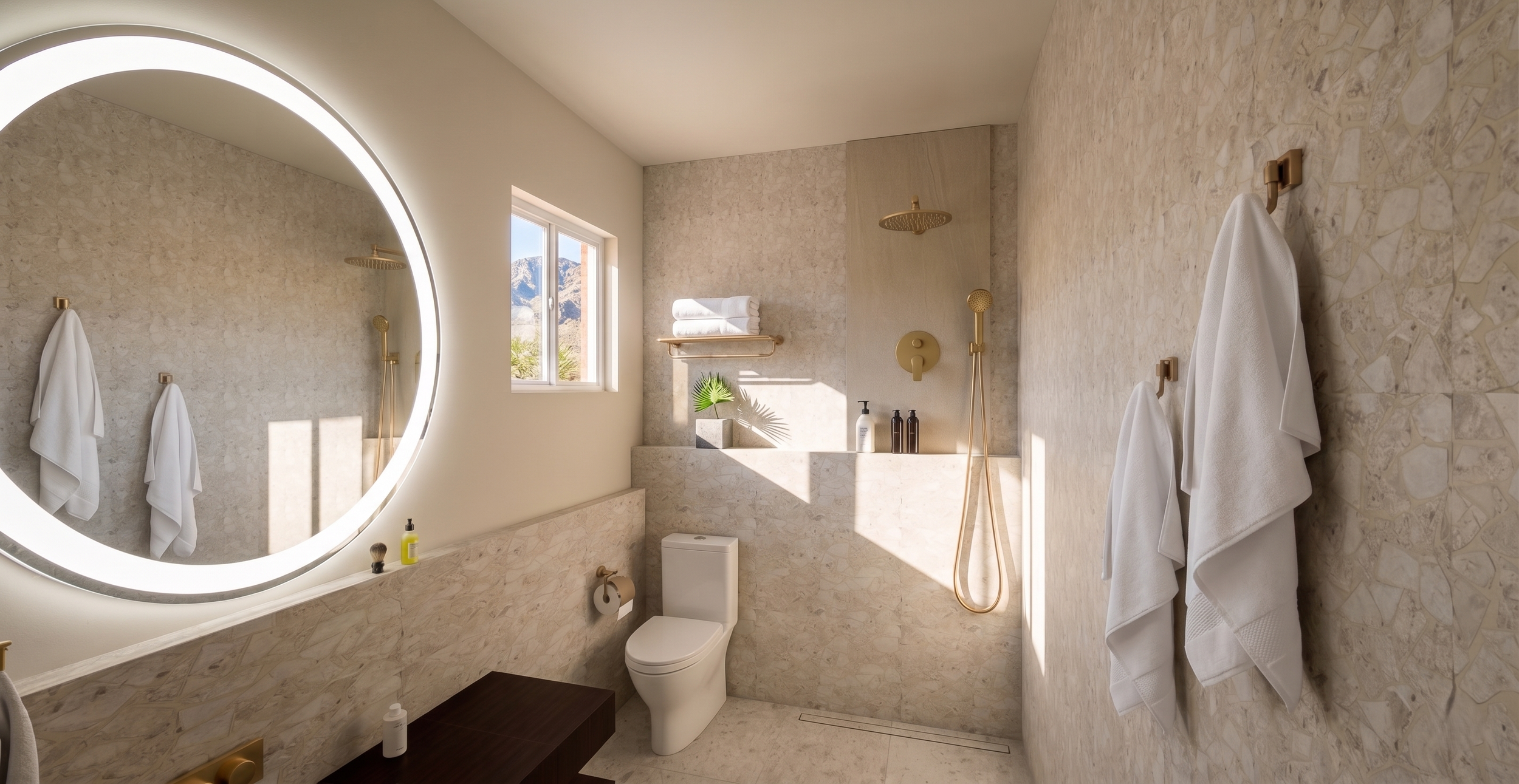 A modern bathroom with beige textured walls and flooring, featuring a large oval mirror with backlit LED lighting, a white toilet, and a window showing a mountainous landscape outside. The bathroom includes gold fixtures, a beige shower head and hand