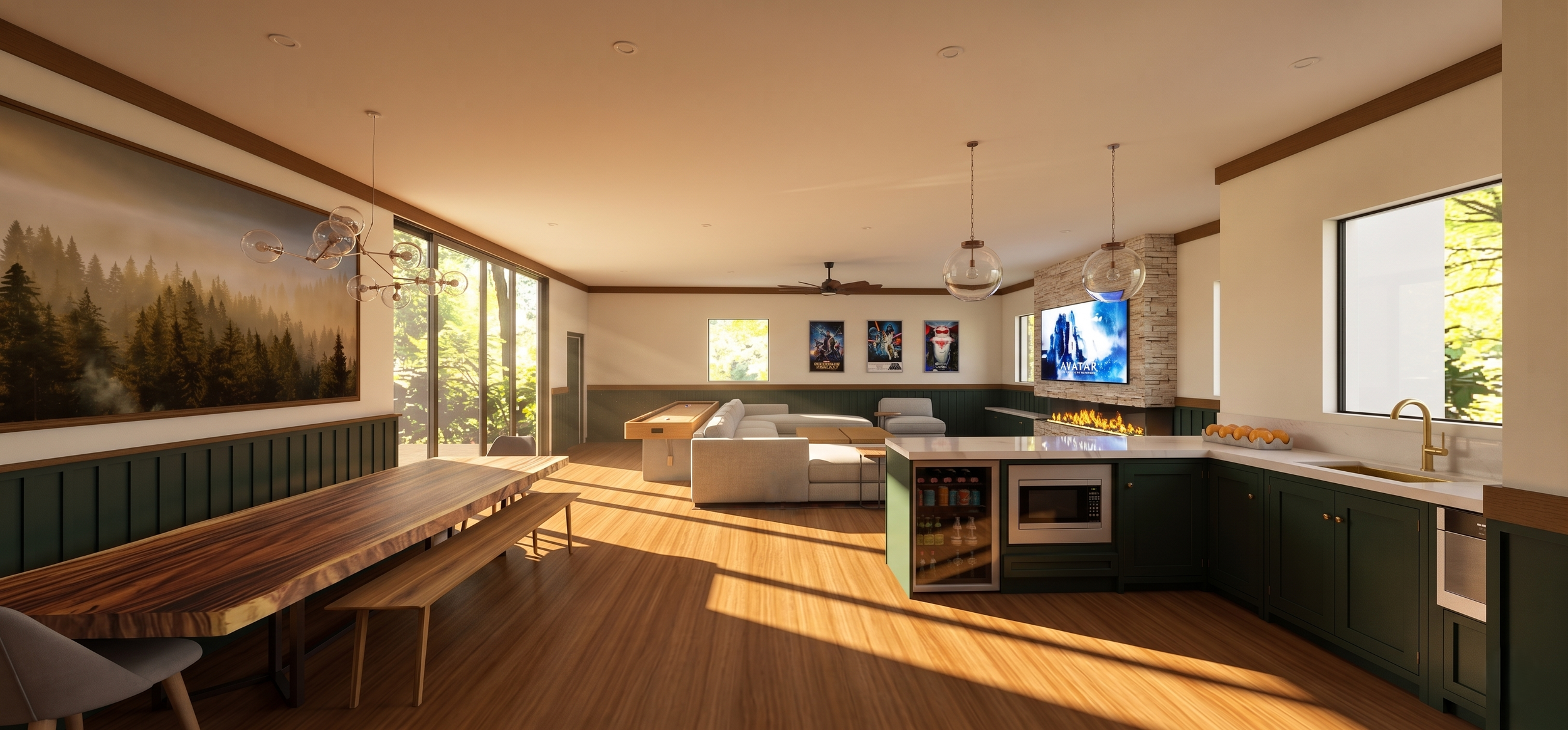 Open-concept living room and kitchen with large windows, wooden flooring, modern furniture, wall art, a fireplace, TV, and a dining table.