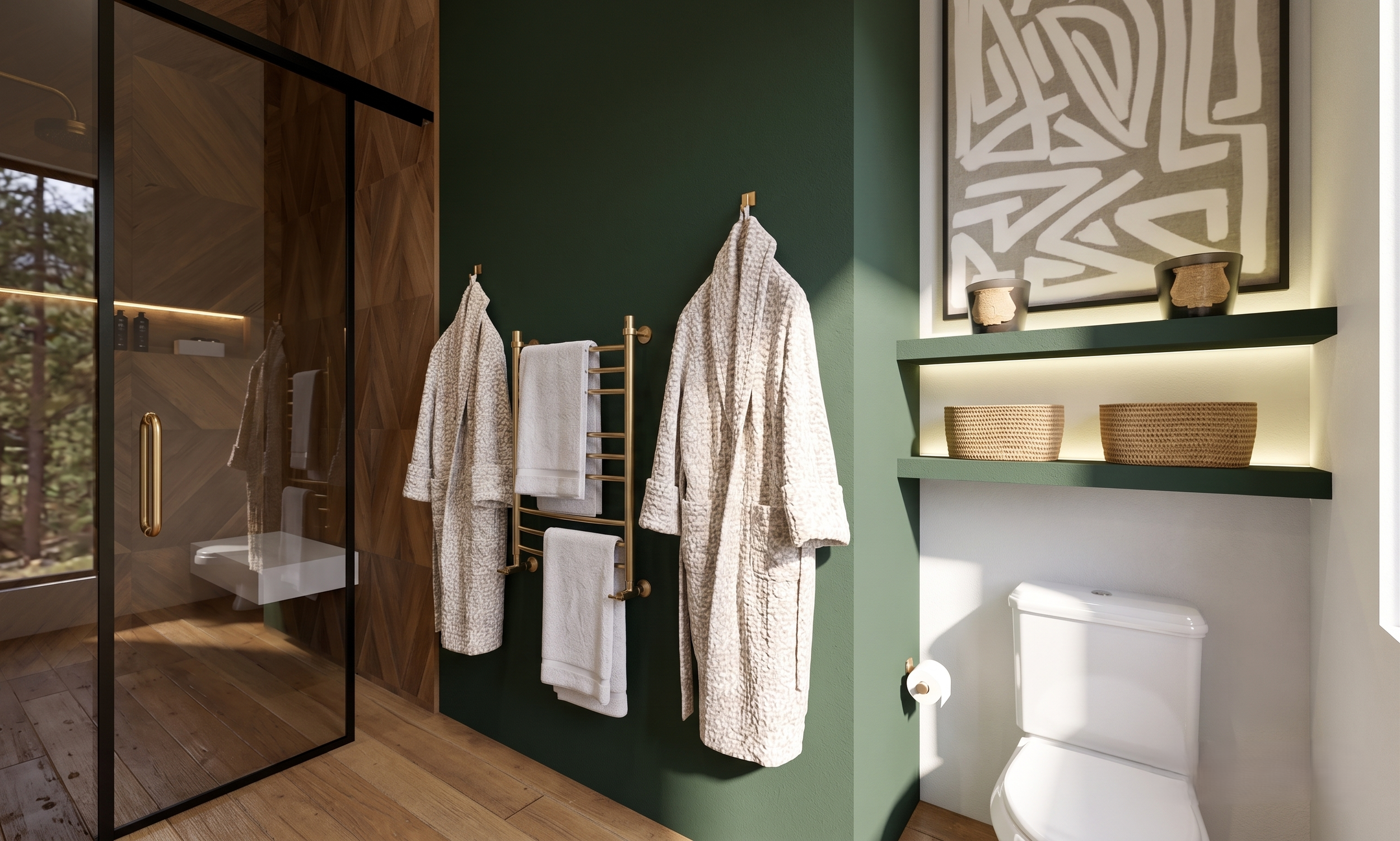 Modern bathroom with dark green wall, wooden cabinetry, and decorative wall art. Towel rack with folded towels, robes hanging, porcelain toilet with a toilet paper roll, and shelves with baskets and decorative items.