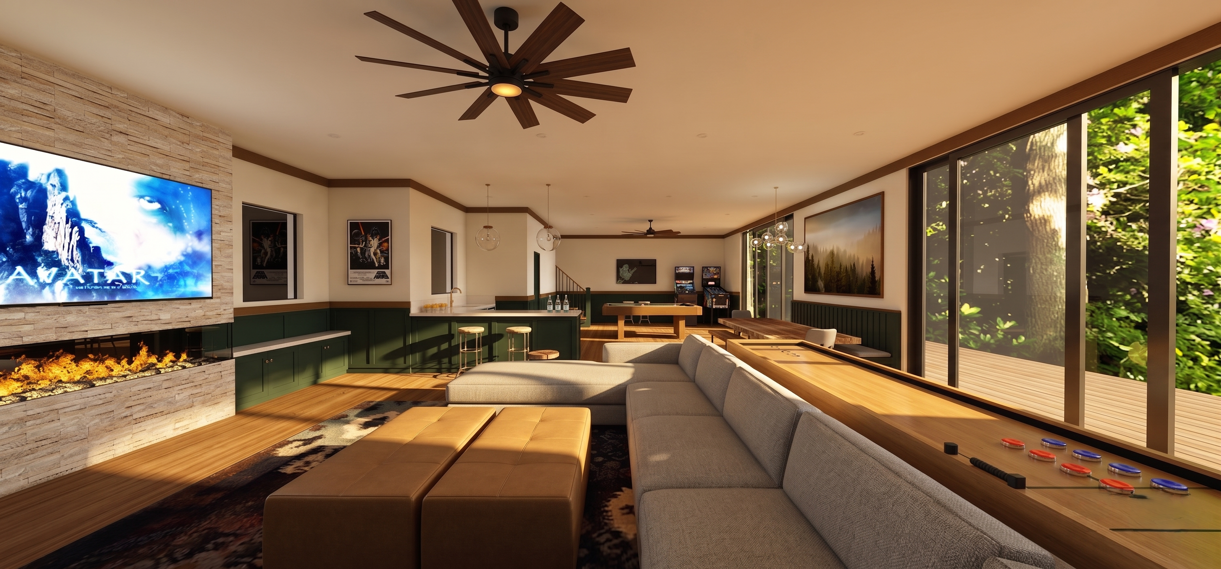Modern living room with a large sectional sofa, fireplace, mounted TV, game controllers, and large windows showing outdoor greenery.