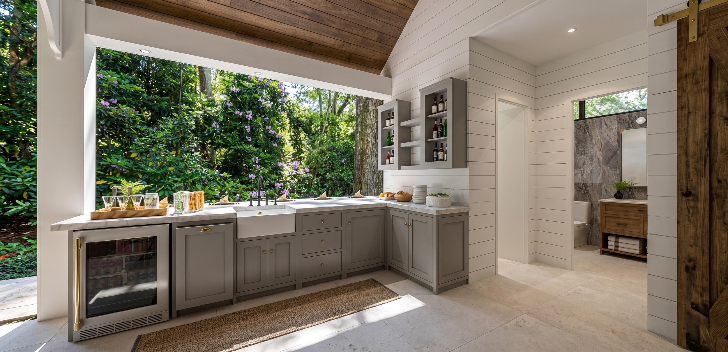 Modern kitchen with large window overlooking lush greenery, gray cabinets with gold knobs, marble countertop, and open shelving with bottles. A bathroom with marble wall and wooden vanity is visible through an open door.