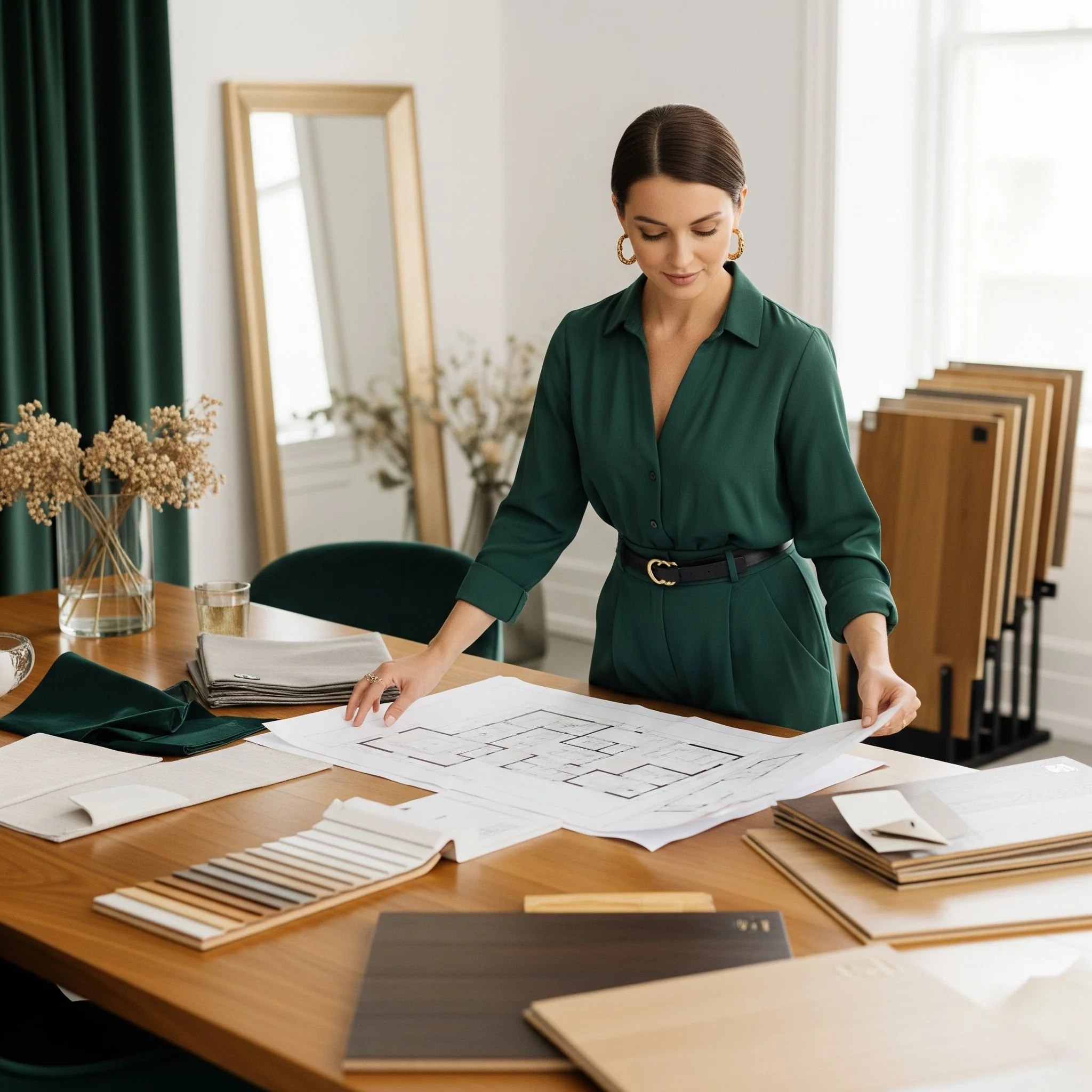 A woman in a green dress standing at a large wooden table, reviewing architectural blueprints and samples in a bright, well-decorated room.