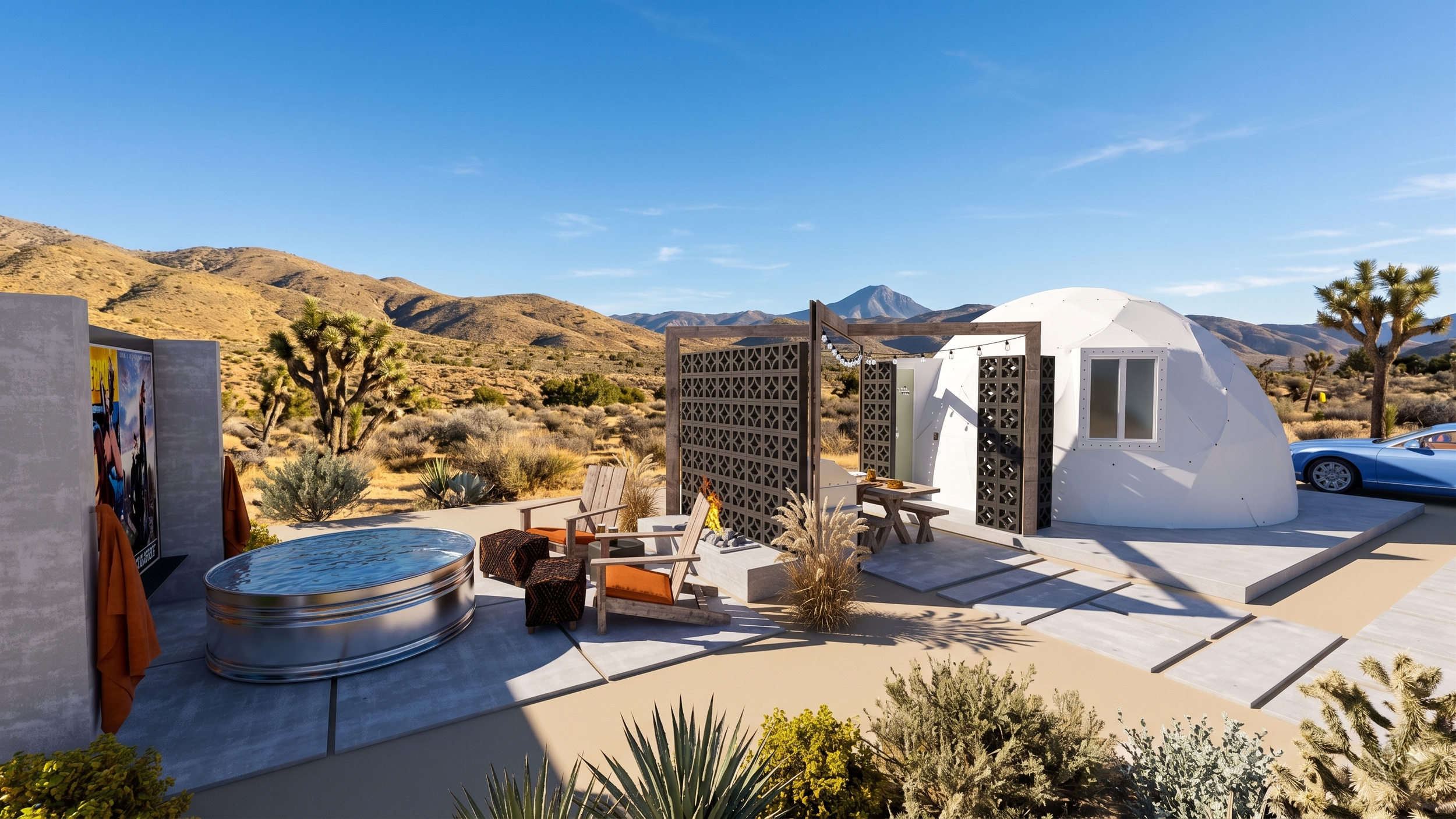 Outdoor desert scene with a modern bubble-shaped structure, seating area, and distant mountains under a blue sky.