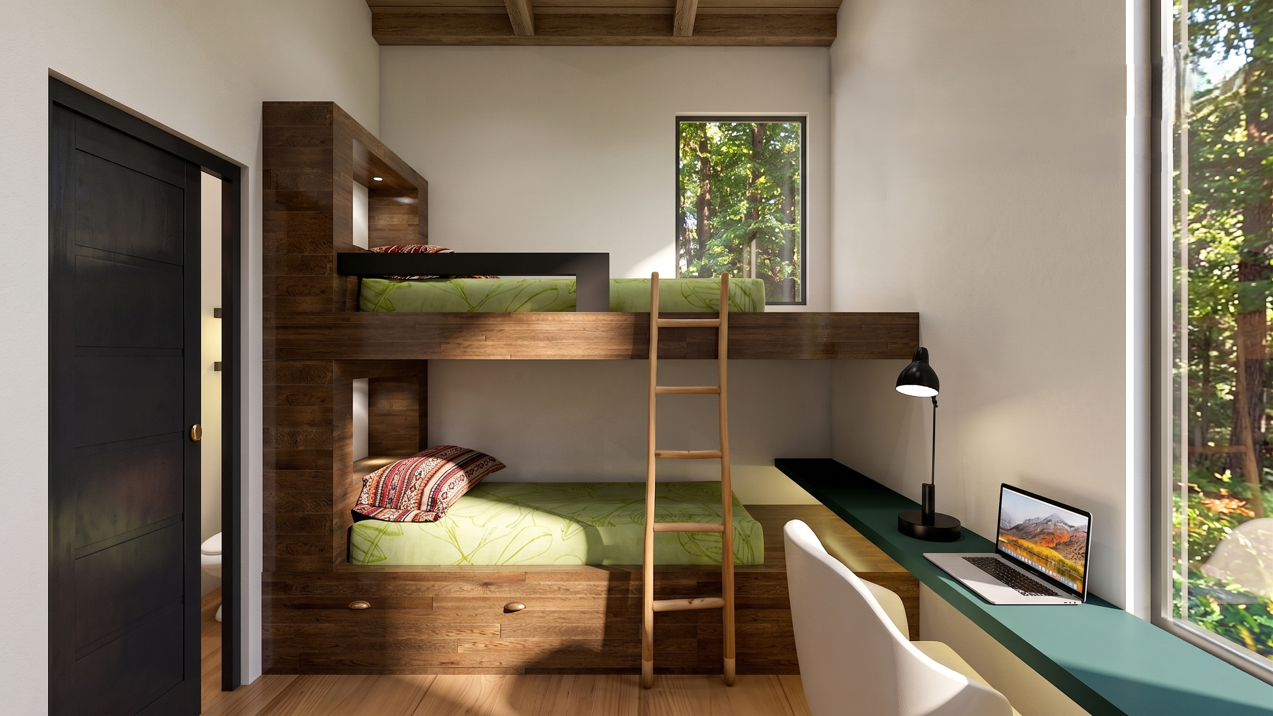 Interior of a modern room with bunk beds, a desk with a laptop, and large windows showing trees outside.