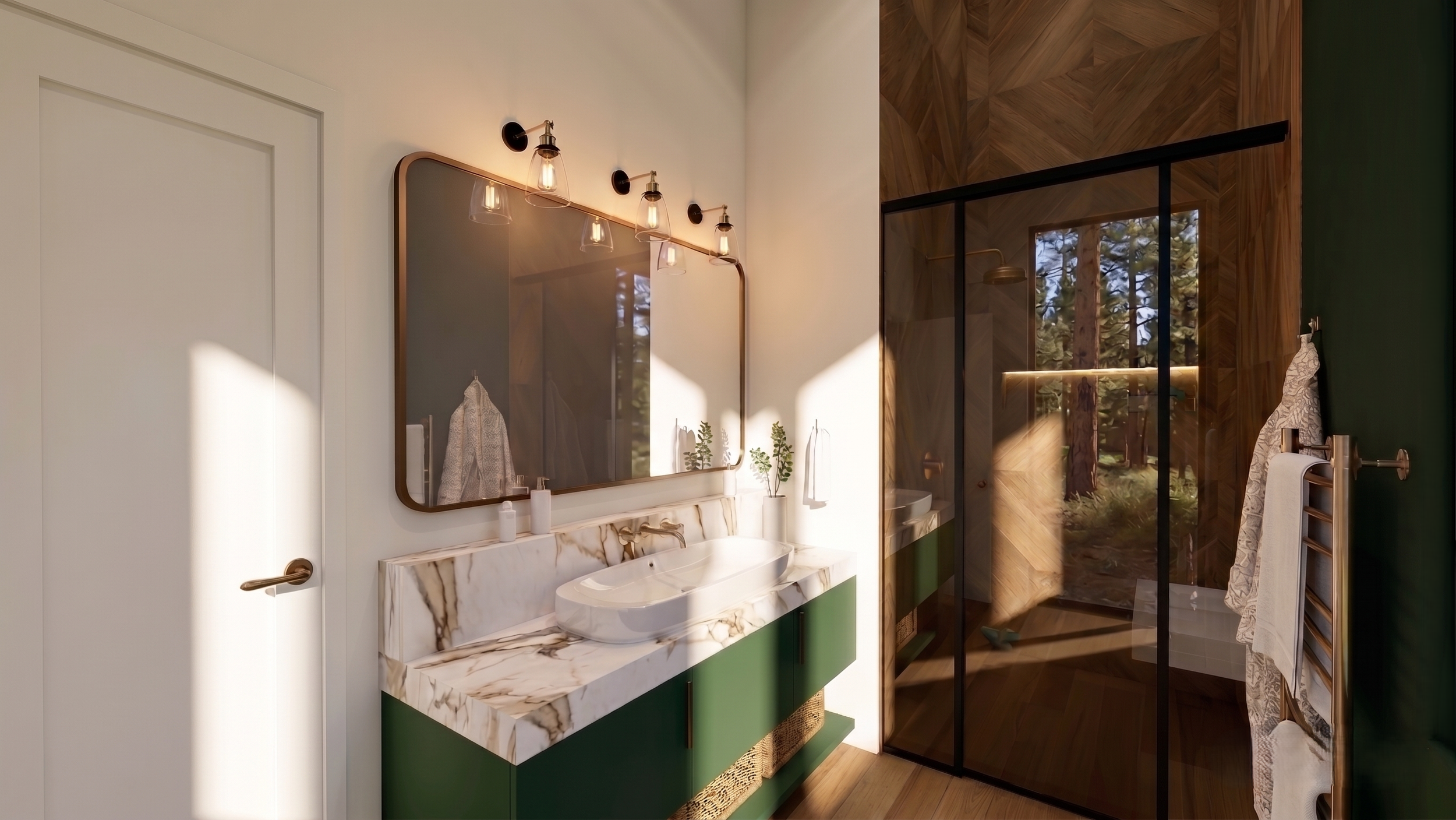 Modern bathroom with white and green cabinetry, marble countertop with sink, mirror with three light fixtures, and a walk-in shower with glass doors and wood-paneled walls.