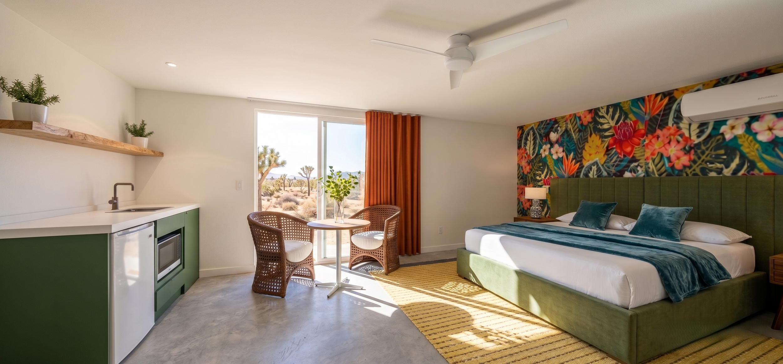 A contemporary hotel room with a green bed, a colorful floral accent wall, a sitting area with two wicker chairs and a small round table near a sliding door, and a kitchenette with a small fridge and microwave. Desert landscape visible outside.
