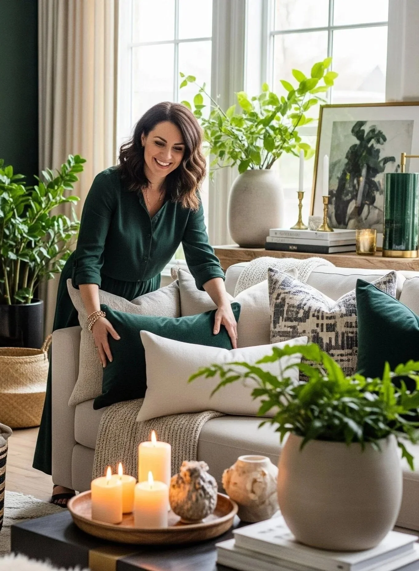 Woman arranging pillows on a light-colored sofa in a living room with large windows, green houseplants, candles, and decorative art.
