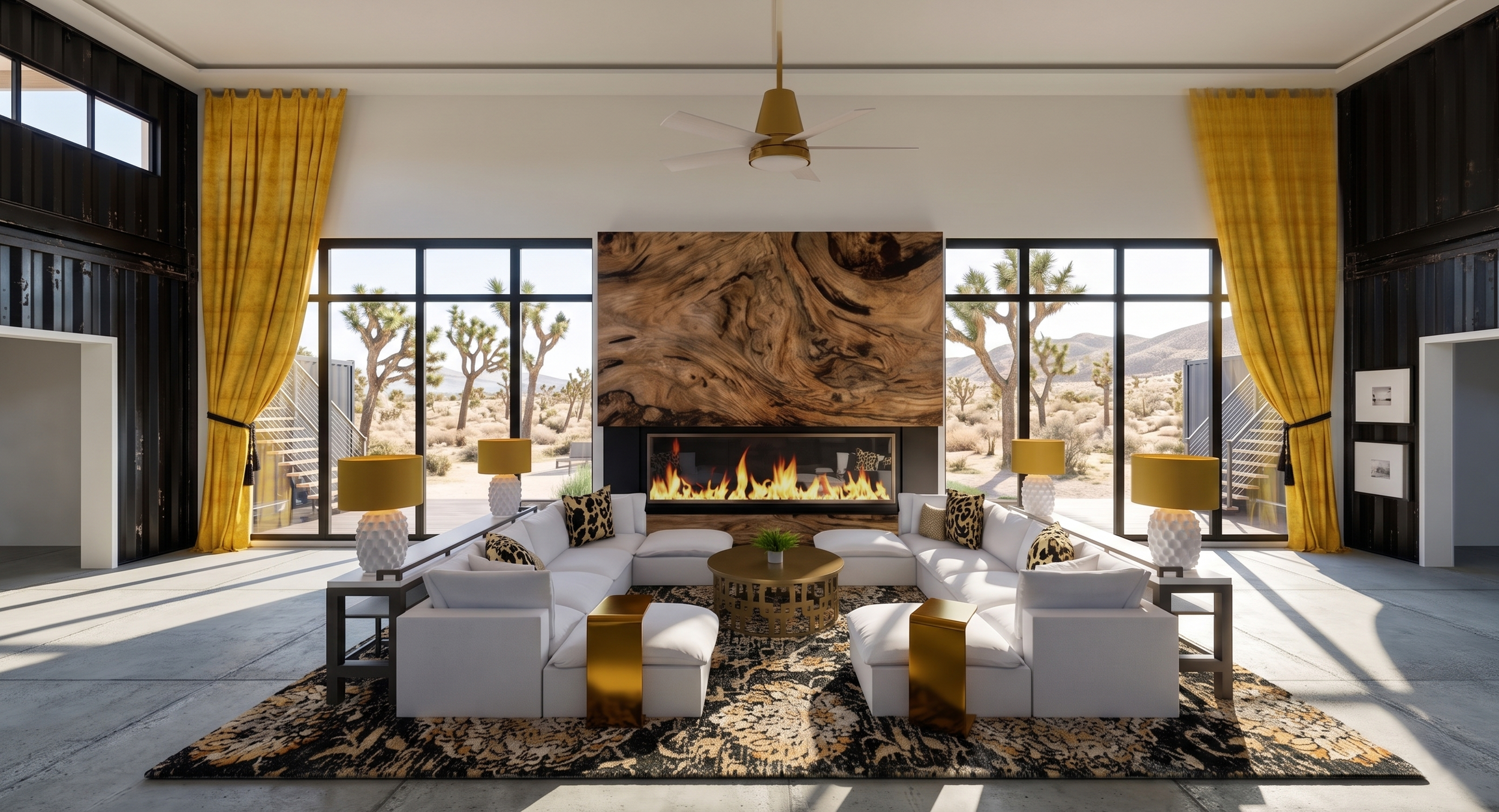 Modern living room with large windows, yellow curtains, black metal accents, white sofa set with leopard print pillows, central round coffee table, and a fireplace with a wood grain mantel, desert landscape visible outside.