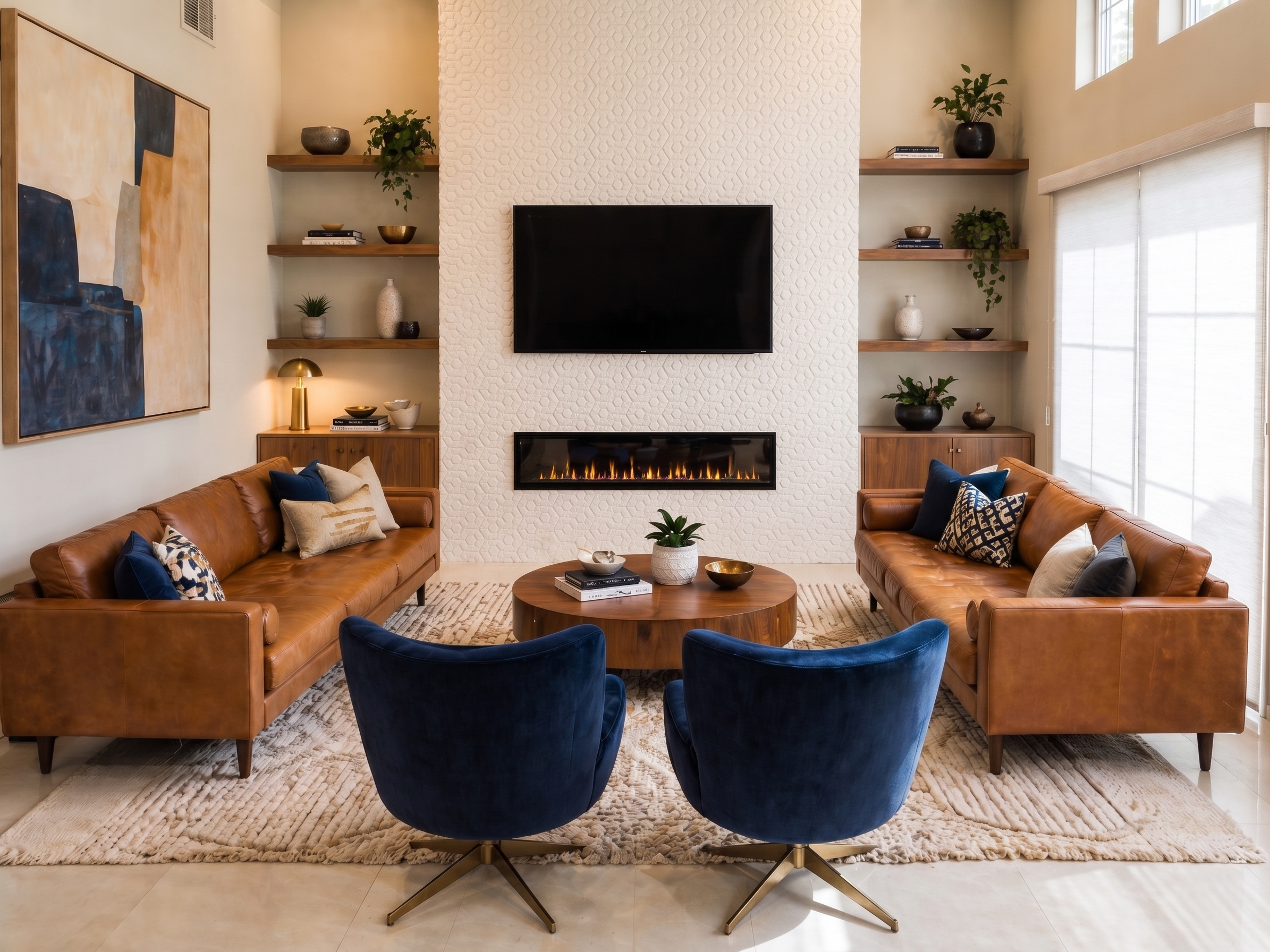 Living room with brown leather couches, blue velvet chairs, a white textured accent wall with a mounted flat-screen TV and electric fireplace, wooden shelves with plants and decorative items, a large window with blinds, and a beige rug.