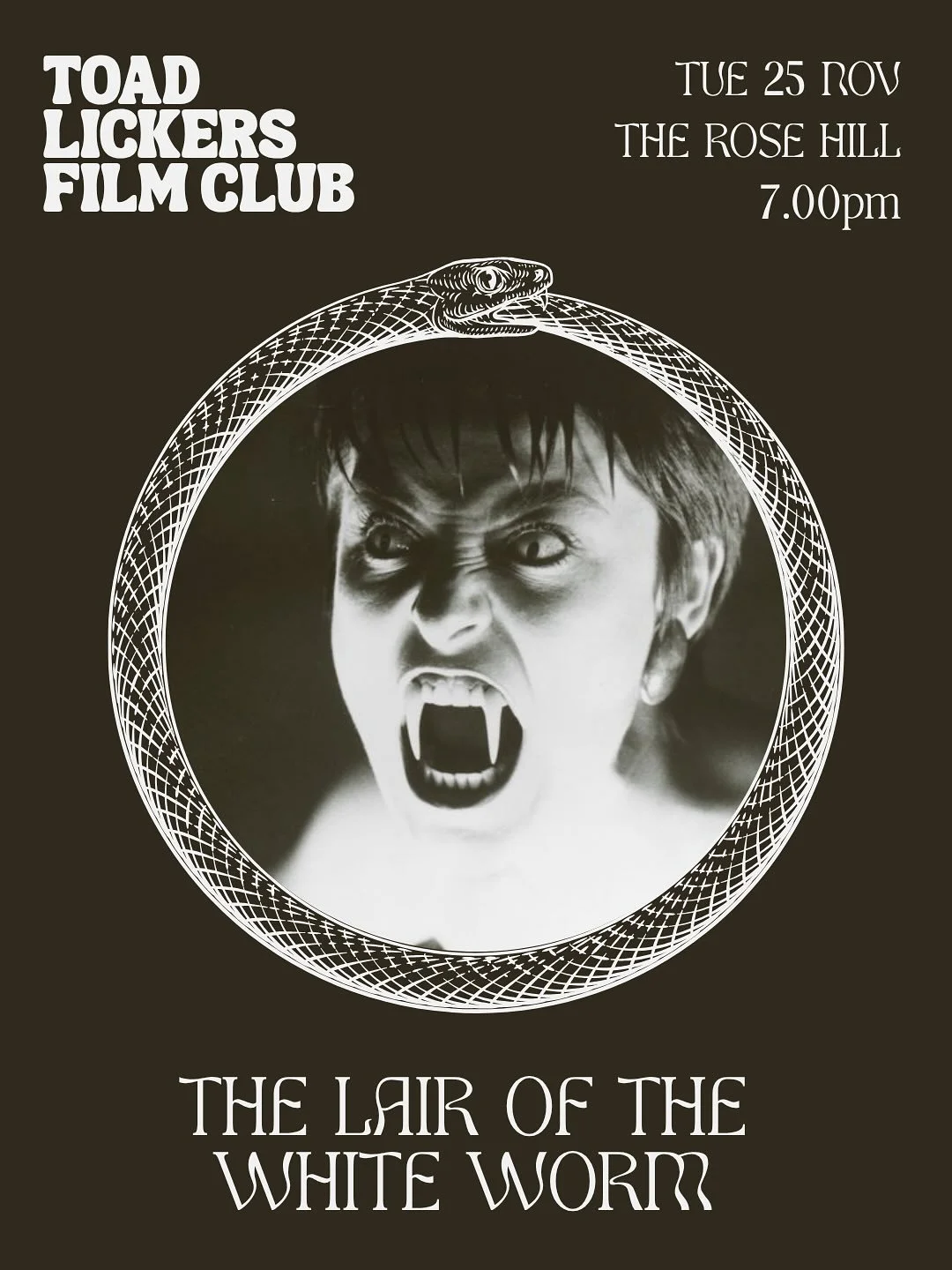 Film Club is back in November, with The Lair of the White Worm! 
Tuesday 25 November at The Rose Hill - link in bio 🪱

Ken Russell&rsquo;s version of Bram Stoker&rsquo;s novel (but much sexier) is an overlooked folk horror classic. It&rsquo;s camp, 