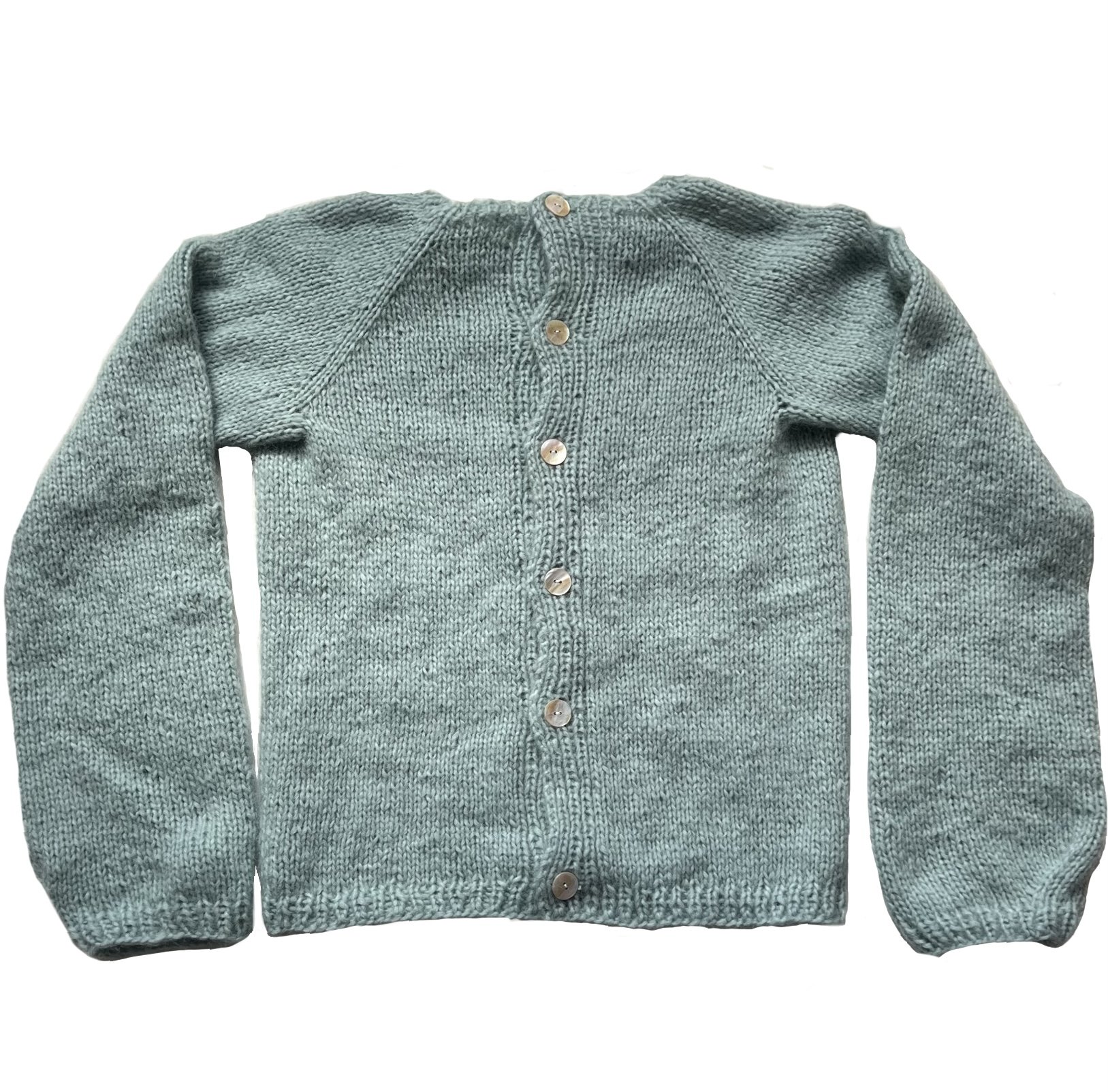 A green knitted cardigan sweater with buttons down the front.