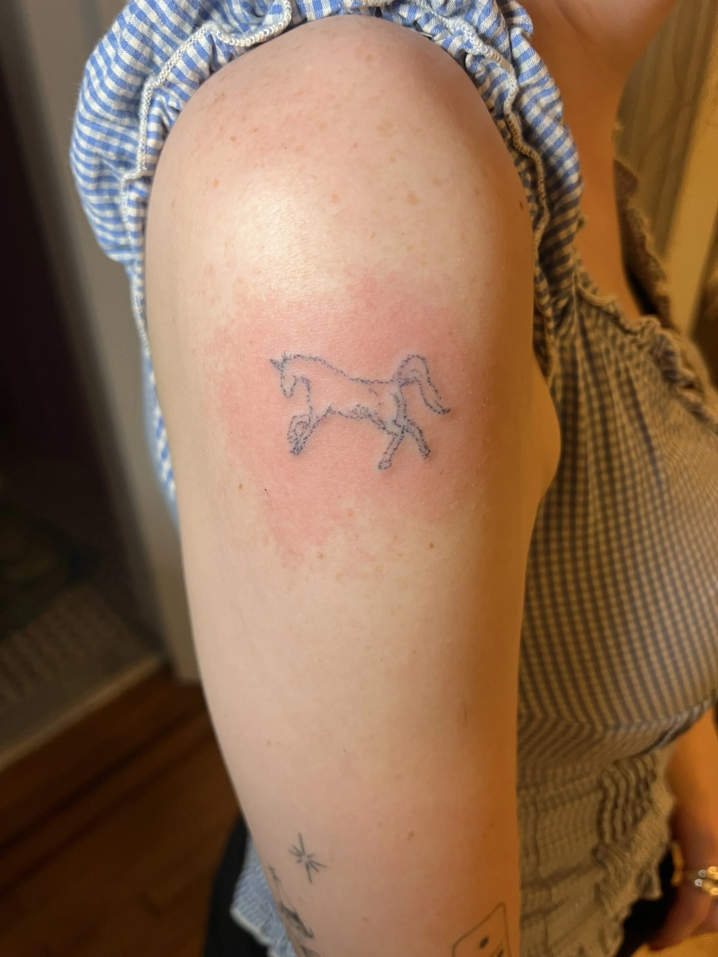 Tattoo of a running horse on person's arm.