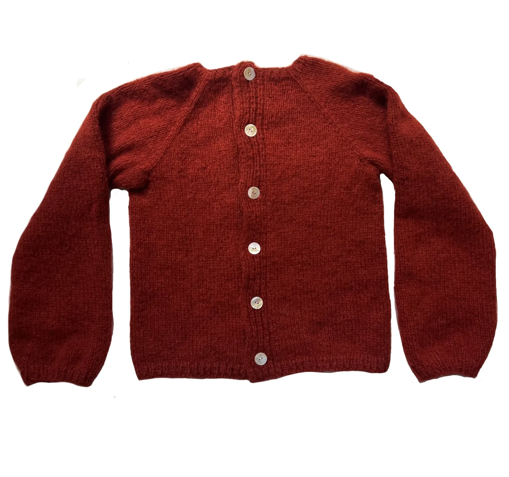 Red knit cardigan with cream buttons on a white background.