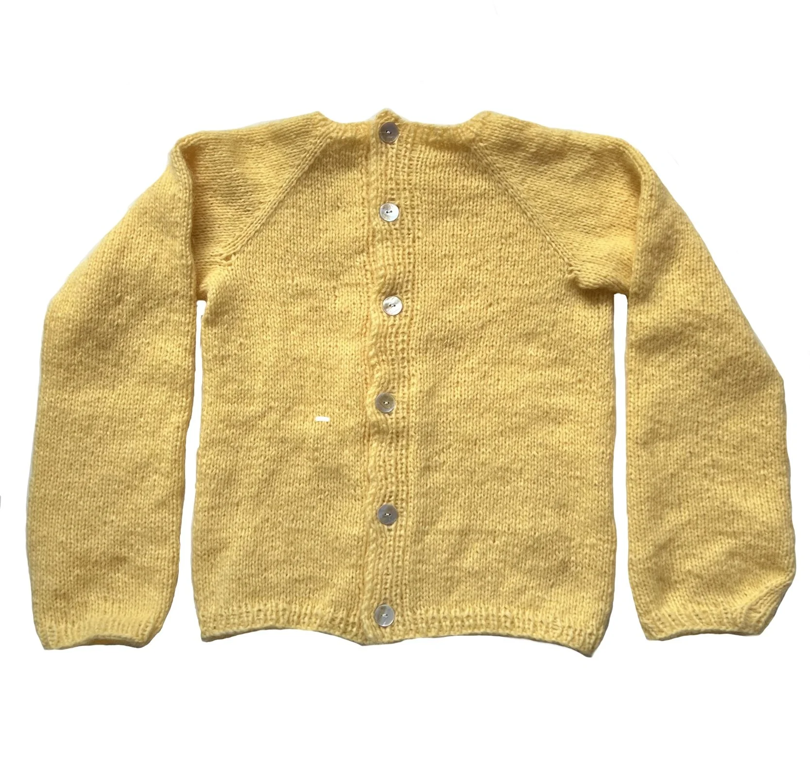 Yellow knitted cardigan with buttons down the front.