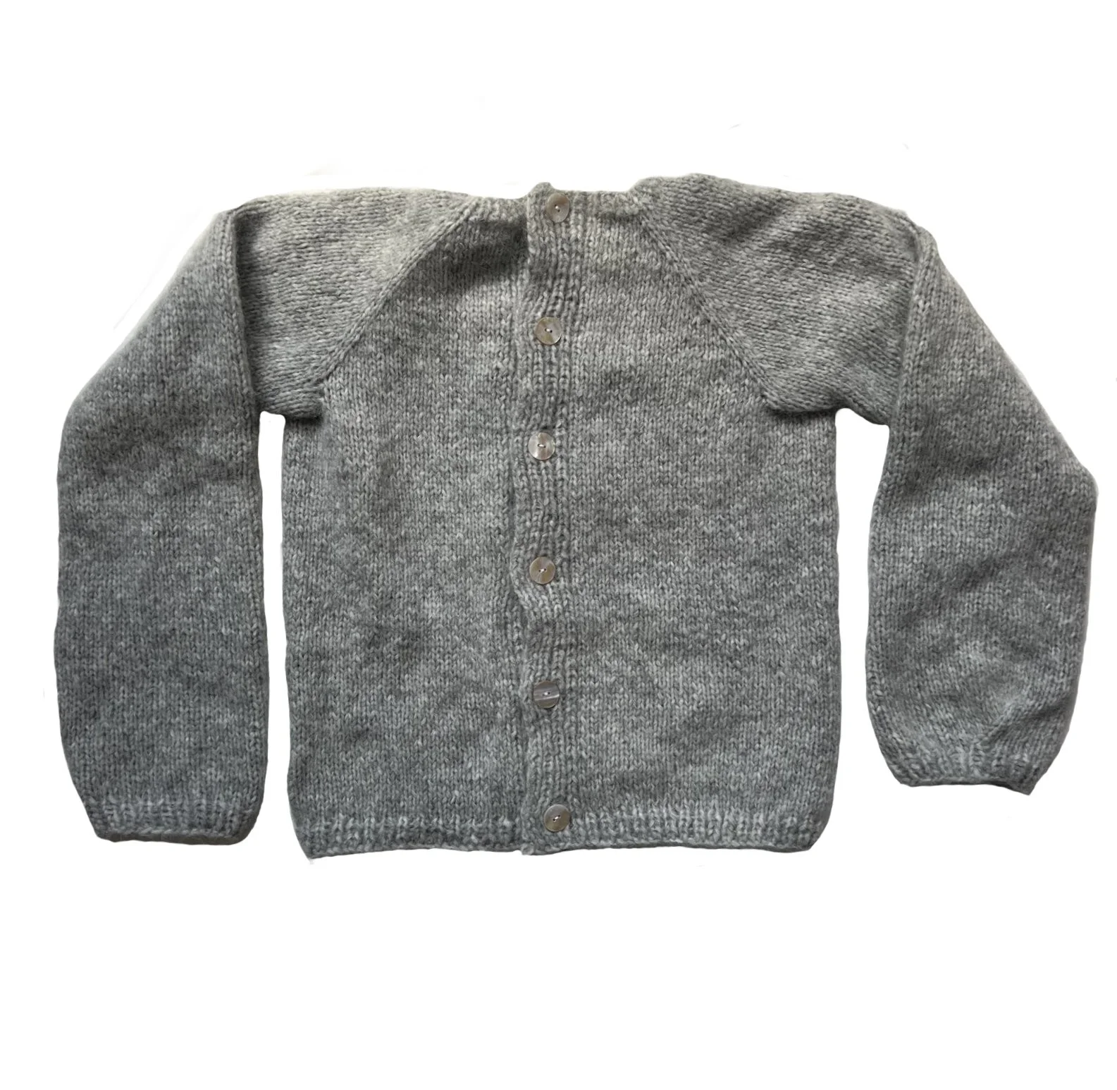 Gray knitted cardigan with buttons, long sleeves, and raglan shoulder seams.