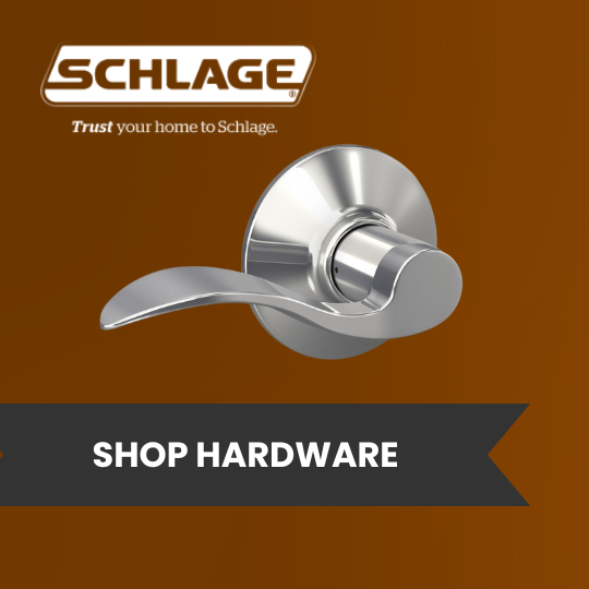 Schlage logo with silver door handle and 'Shop Hardware' text on brown background.