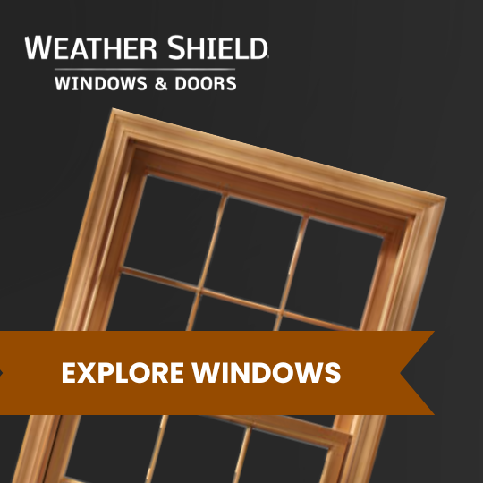 Weather Shield Windows & Doors advertisement with a wooden window frame and "Explore Windows" text banner.