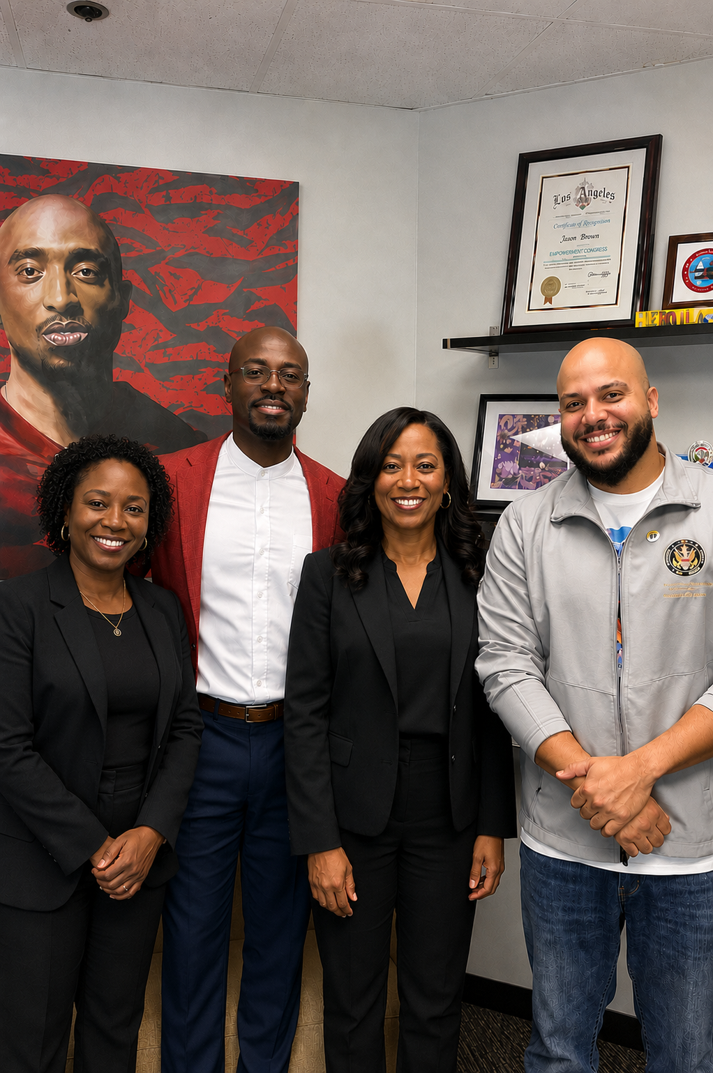 Group of six people standing in an office, smiling, with a large portrait of a man in a red shirt on the wall behind them, along with framed awards and organization plaques.
