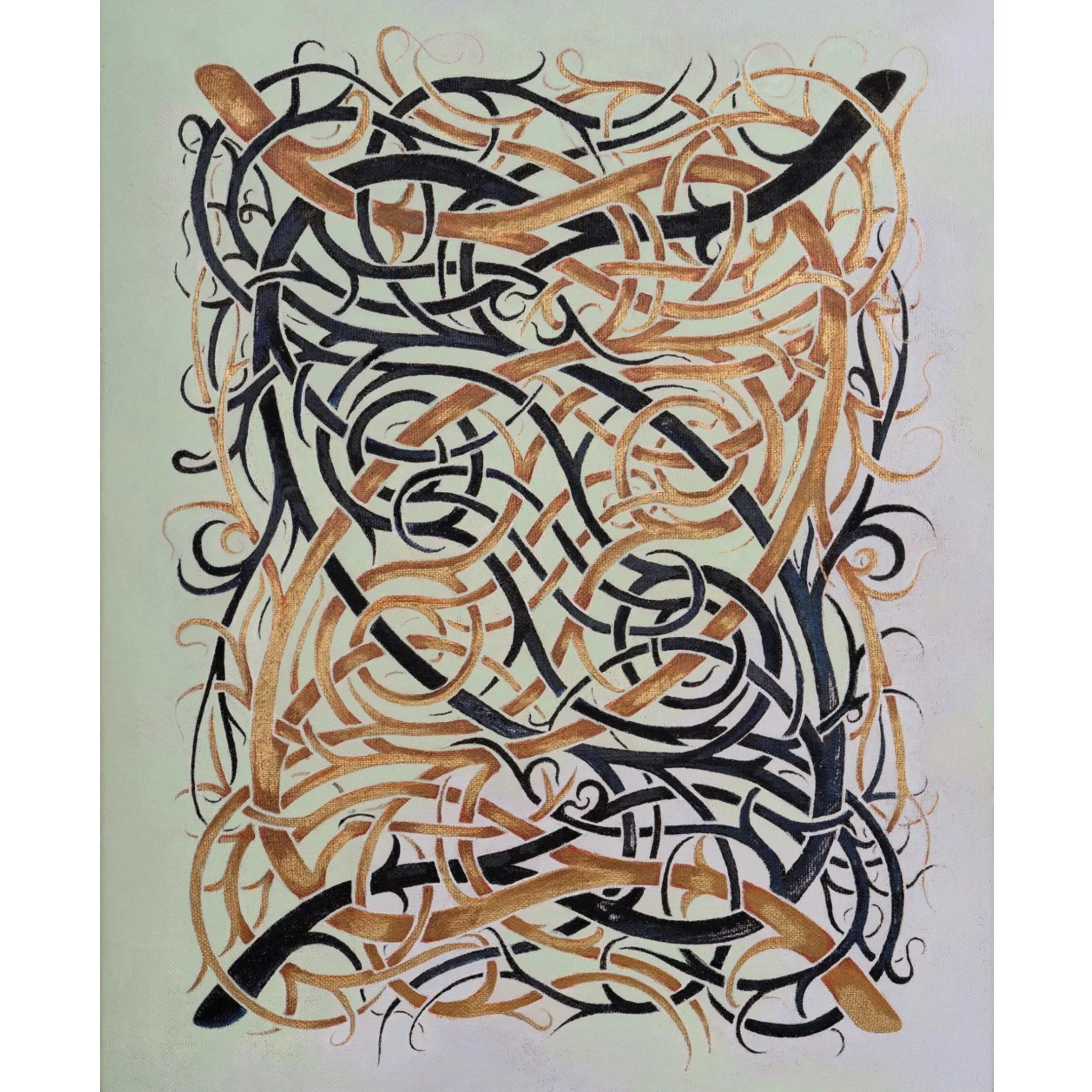 An abstract artwork with intertwined black and gold lines on a white background.