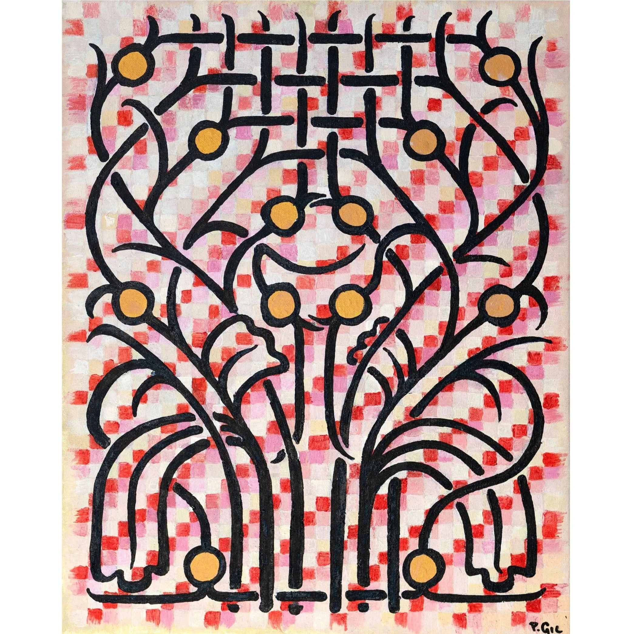 A colorful abstract painting featuring black curvy lines interconnected, with orange circles at various points, set against a background of pink, red, and white checkered pattern.