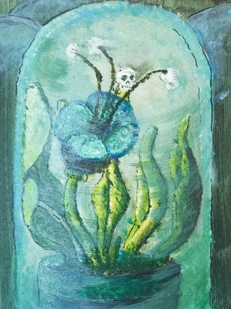 A painting of a potted plant with a blue flower and green leaves inside a glass container. A small skull stems from the flower, with black lines resembling spider legs extending from it.