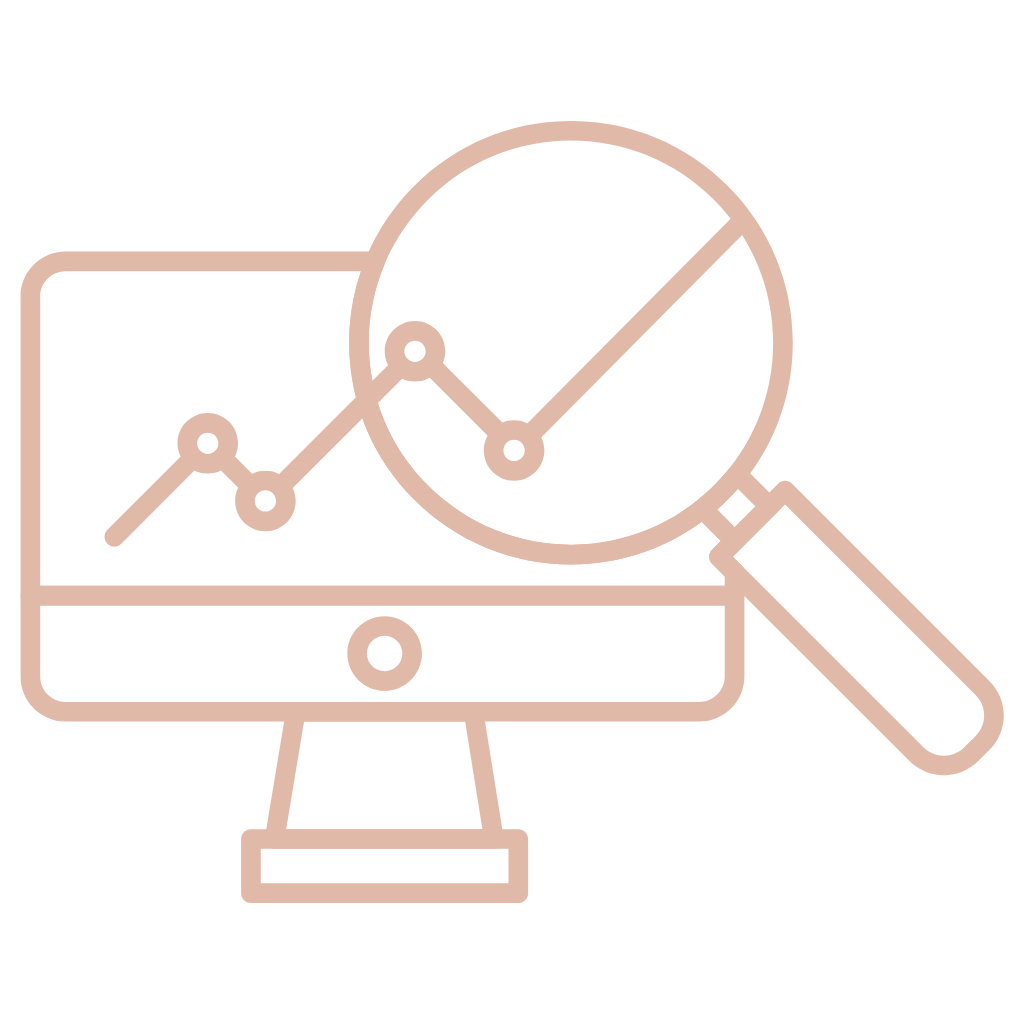 Line graph on a computer monitor with a magnifying glass showing detailed view of data points.